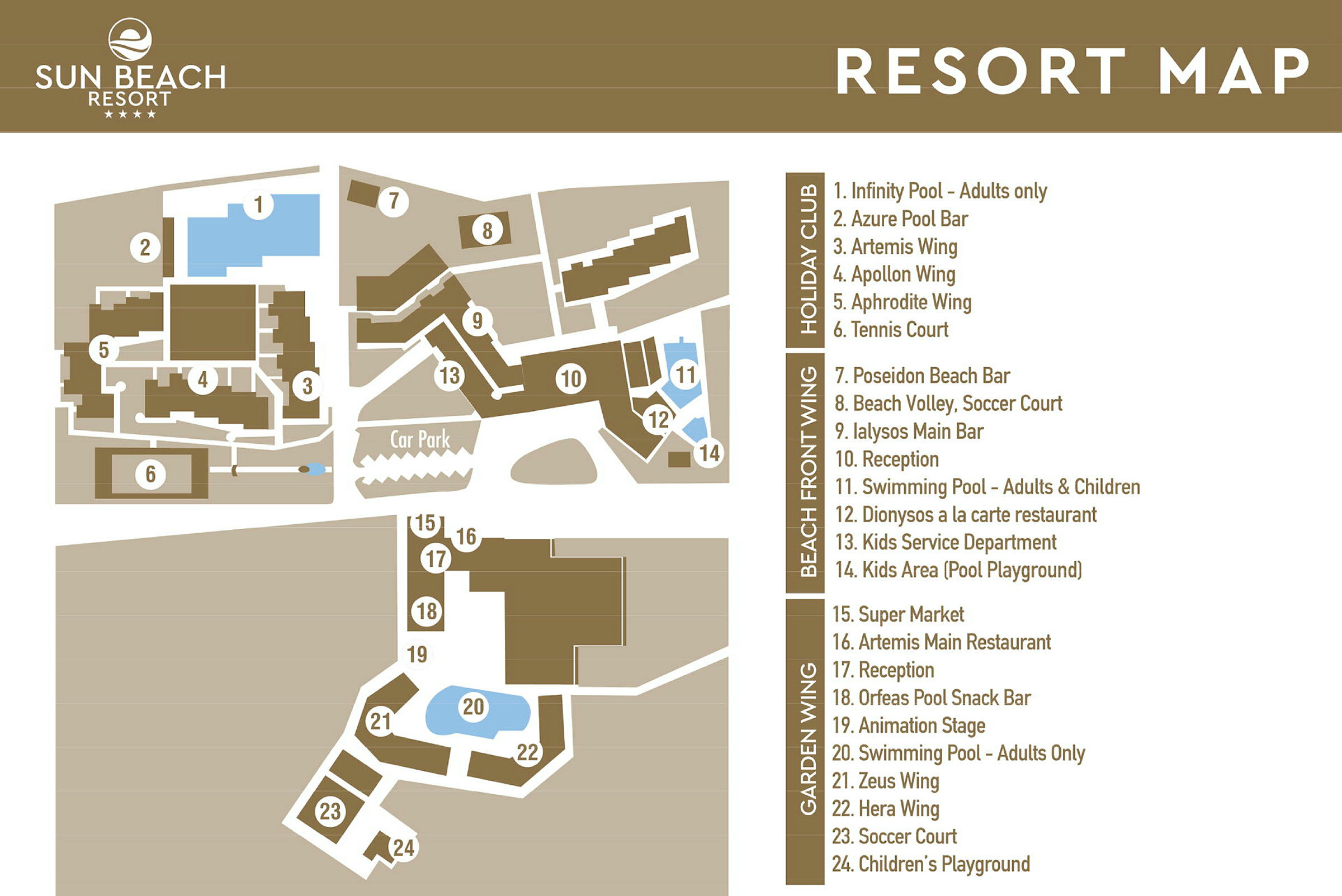 Kartillustration över Sun Beach Resort med markerade områden och byggnader. (AI-genererad text)