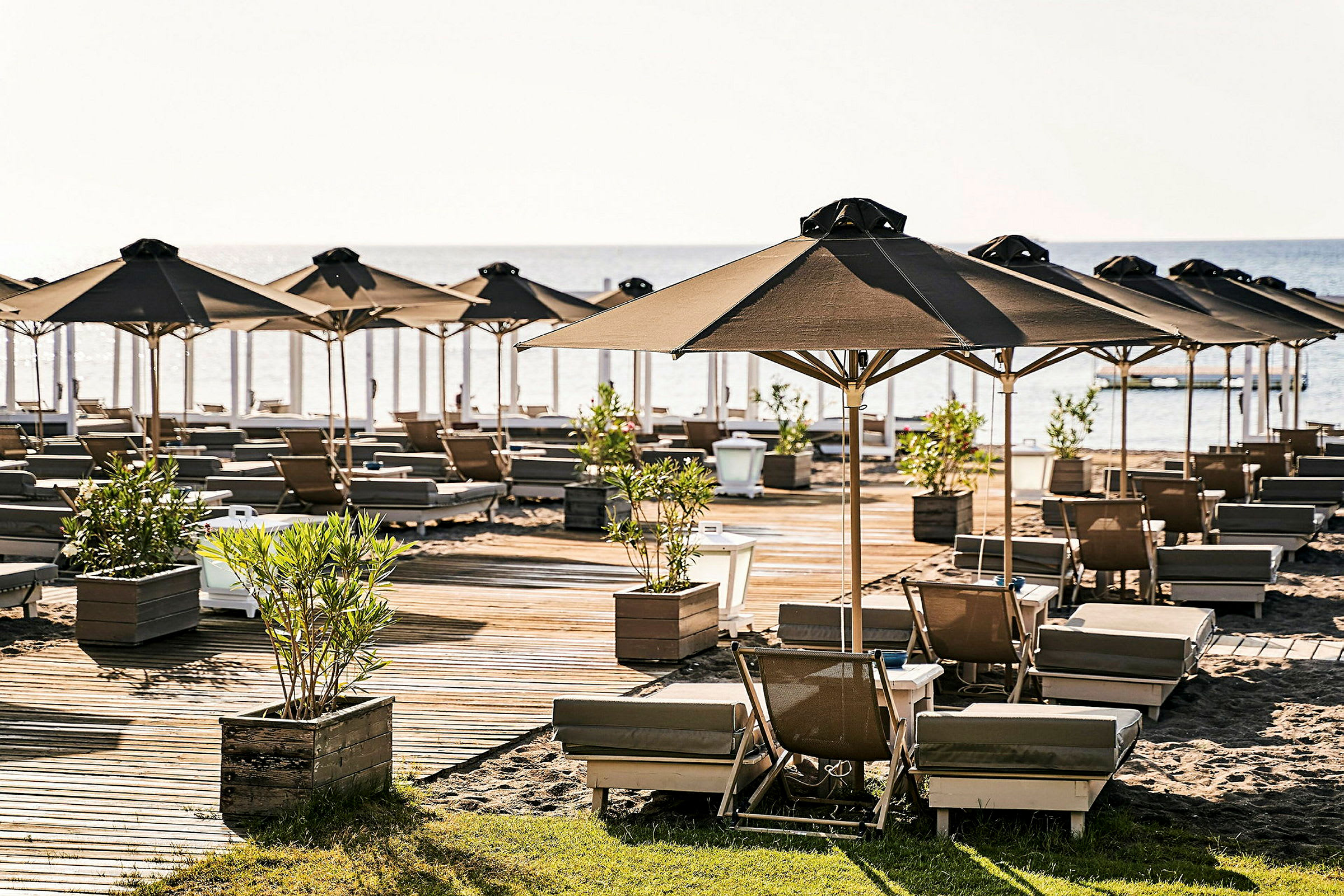Strand med solstolar och parasoll. (AI-genererad text)