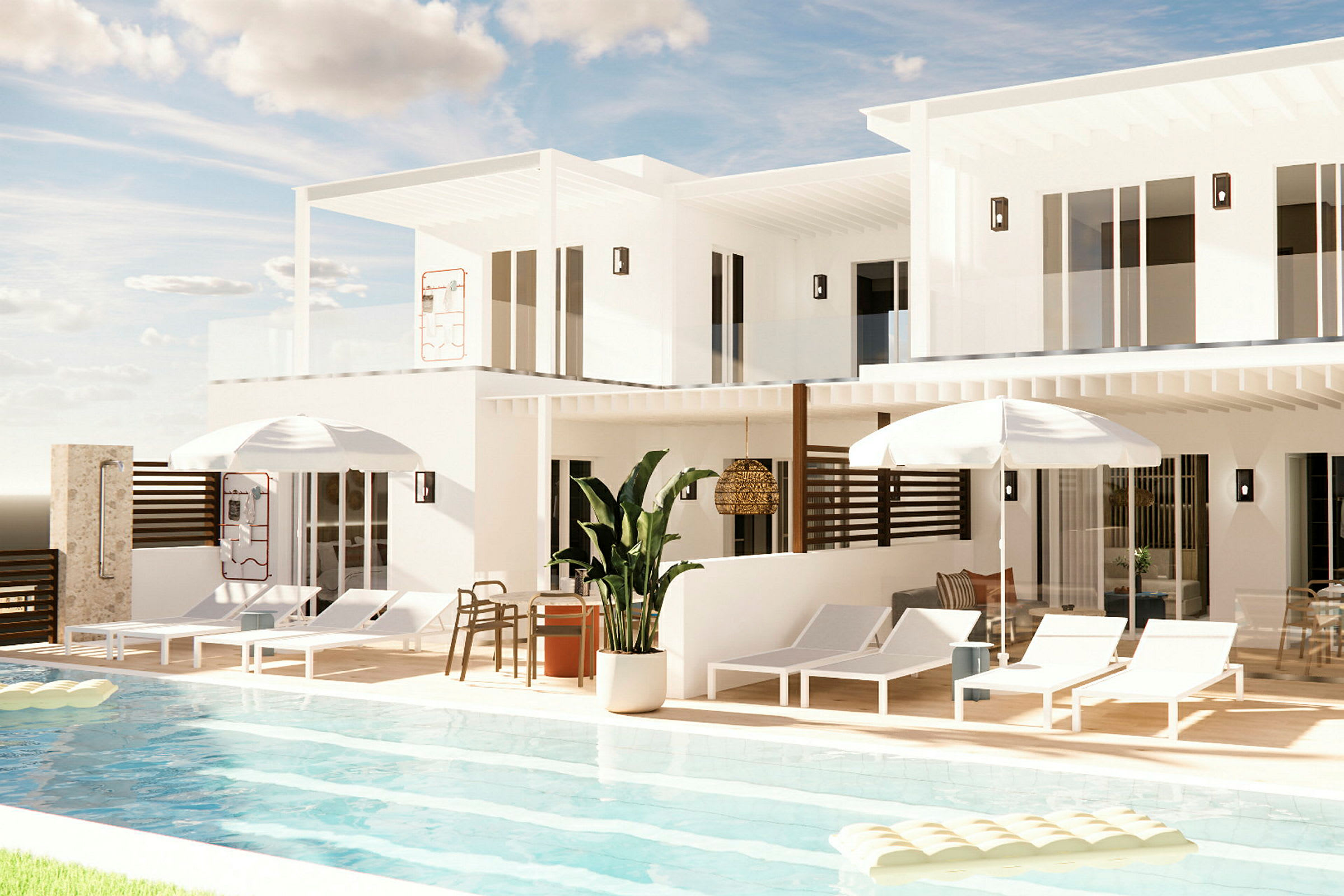 Bild av en modern pool med solstolar, parasoller och en vit villa i bakgrunden. (AI-genererad text)