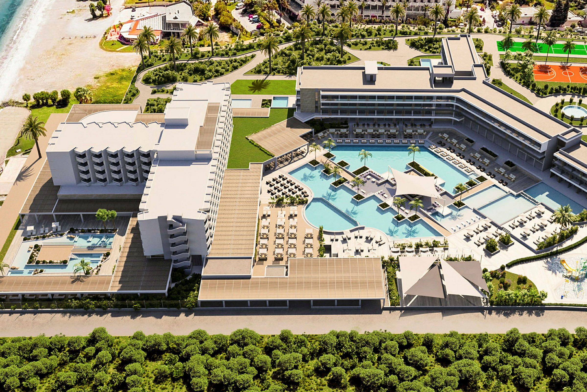 Flygfoto av ett hotellområde med en stor pool och solstolar, omgiven av grönska och strandmiljö. (AI-genererad text)