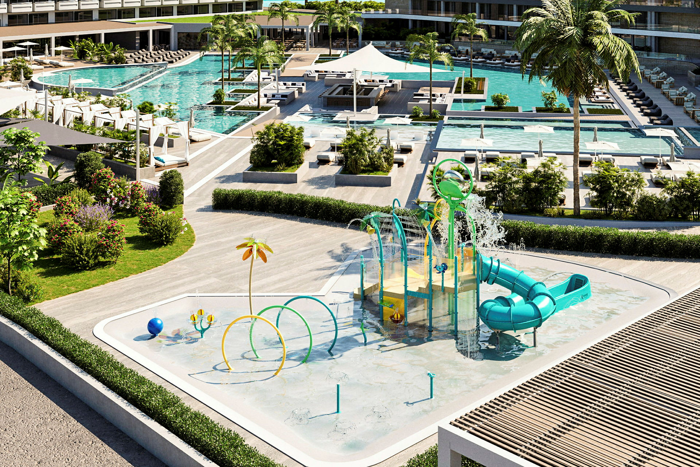 Ett hotellområde med ett stort poolområde och en vattenlekplats för barn. (AI-genererad text)
