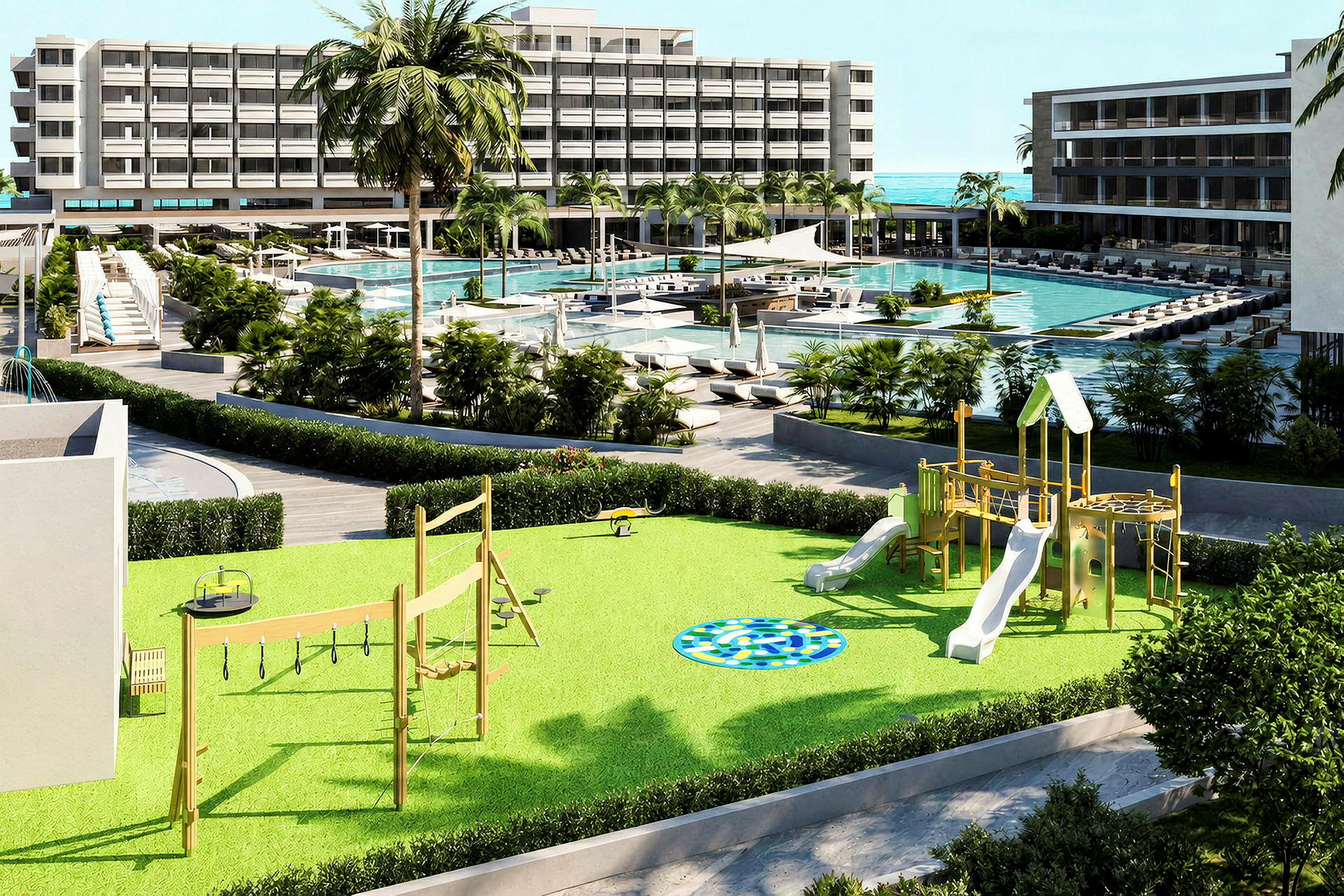 Bild av en hotelldestination med en pool, solstolar, en lekplats och omgivande växter. (AI-genererad text)