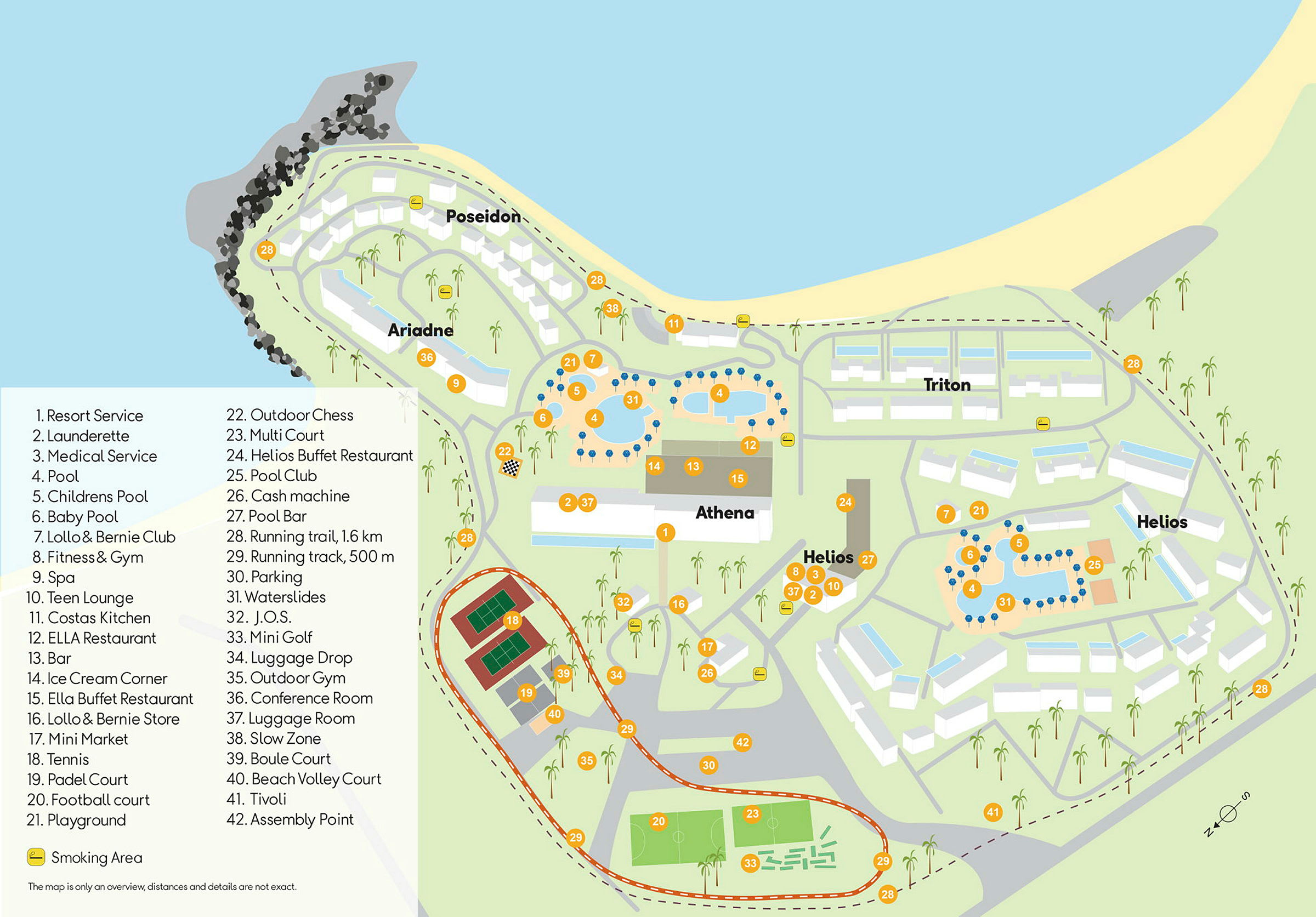 En översiktskarta över ett semesterkomplex med byggnader, pooler, sportområden och andra faciliteter vid en strand. (AI-genererad text)