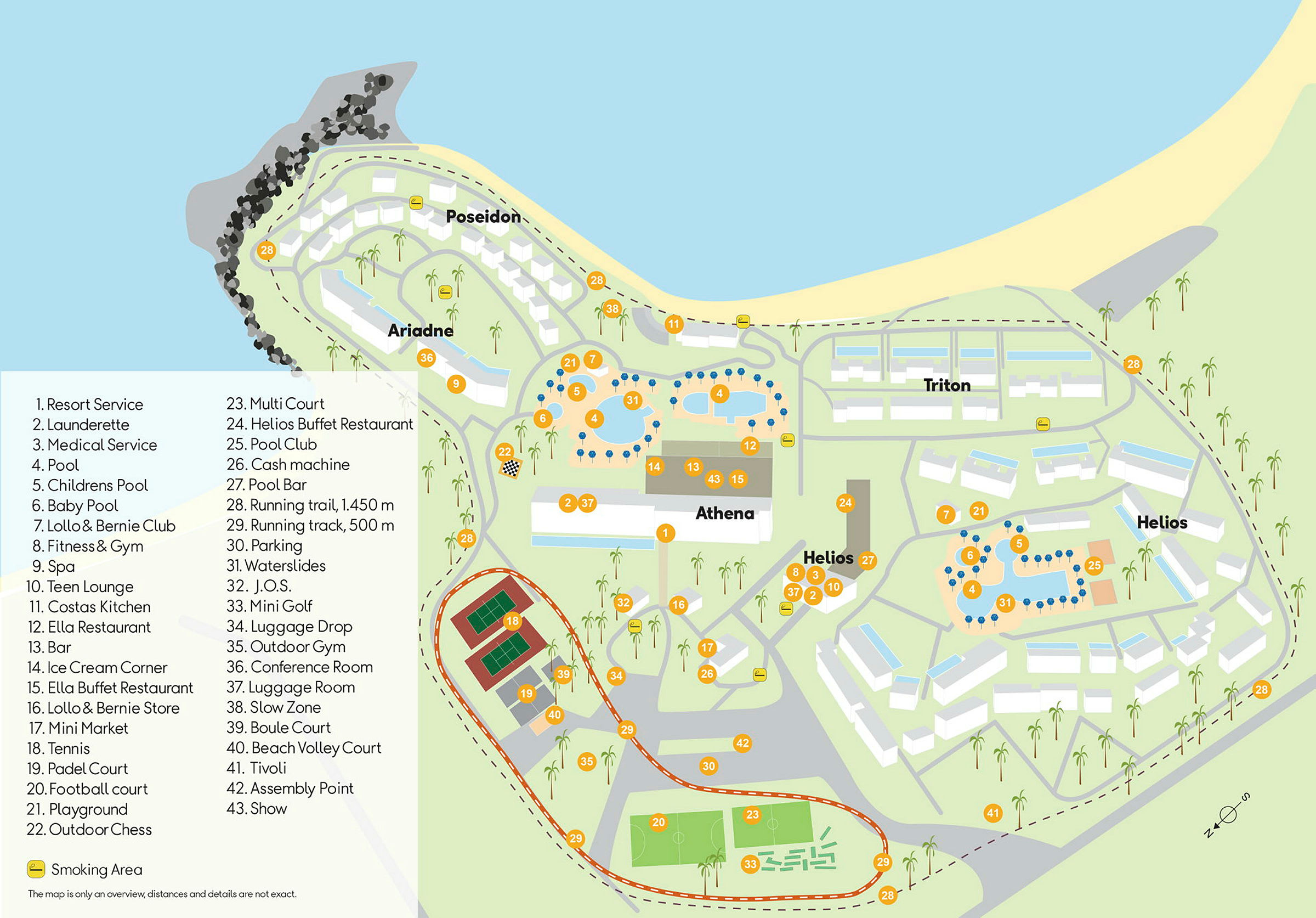 En karta över ett semesterområde med olika byggnader, pooler, sportanläggningar och andra faciliteter, omgiven av havet och stranden. (AI-genererad text)
