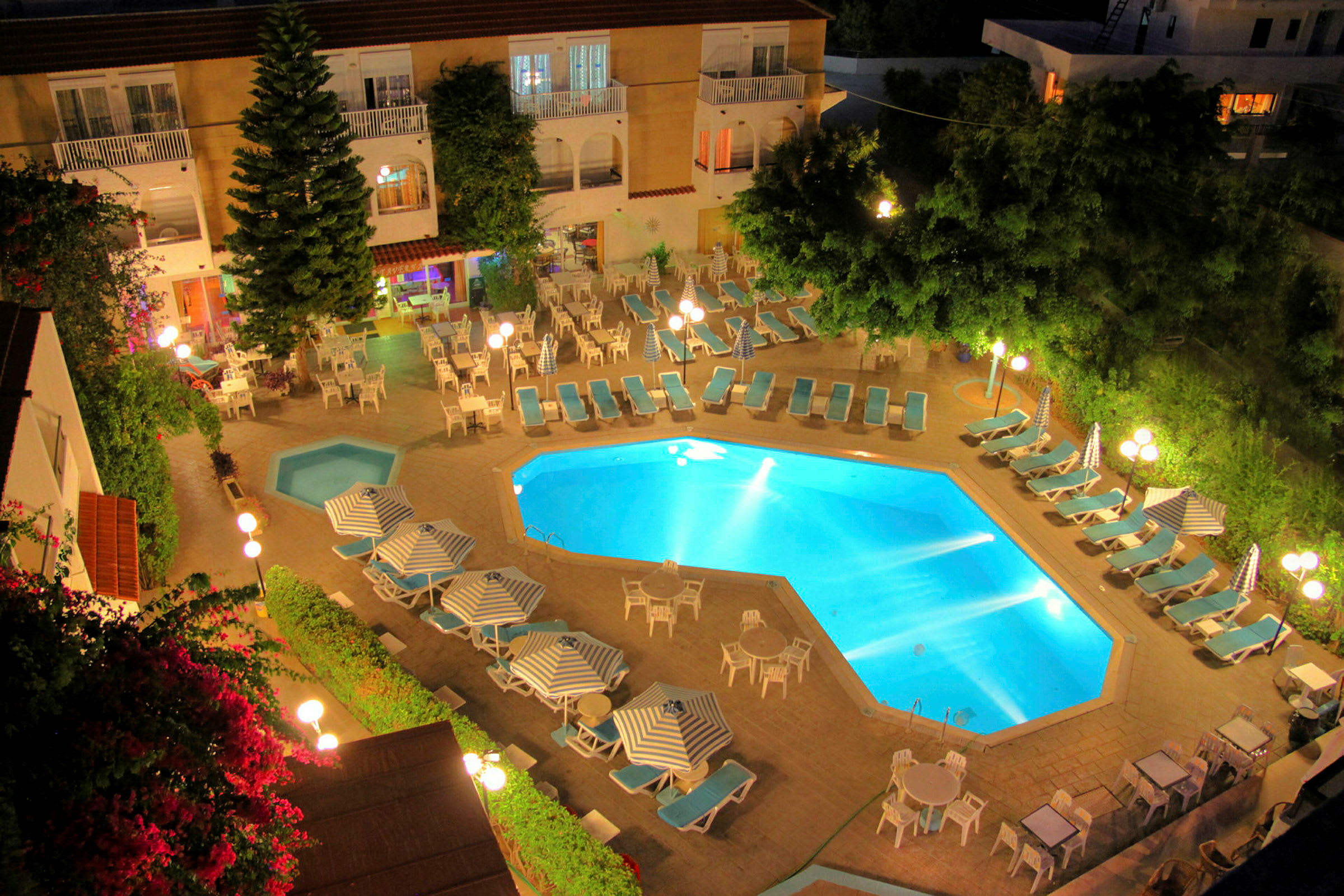 Bild av en hotellpool med solsängar och parasoller runtomkring, kvällsbelysning skapar en varm atmosfär. (AI-genererad text)