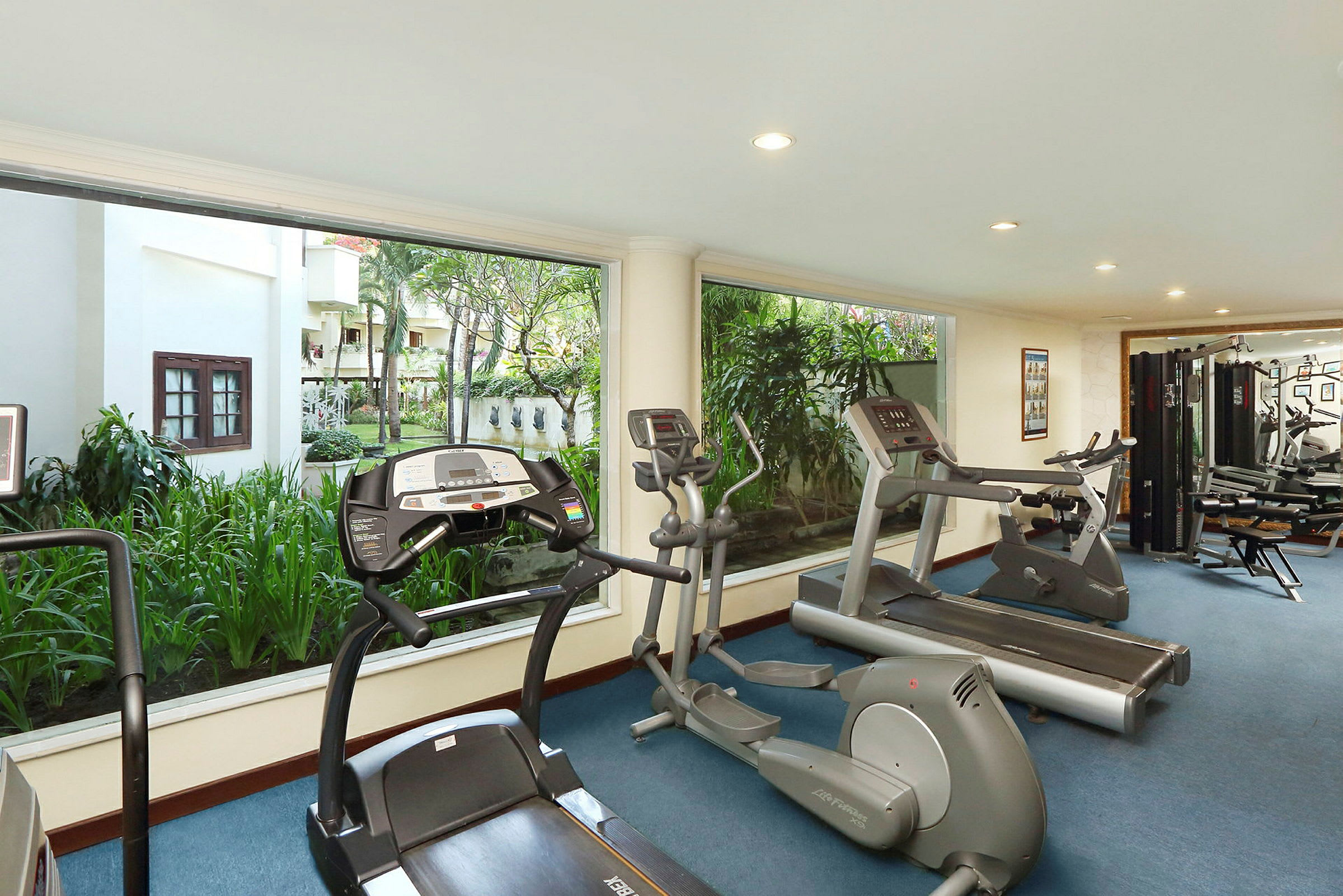 Ett ljust gym med träningsmaskiner och stora fönster som vetter mot en grönskande innergård. (AI-genererad text)