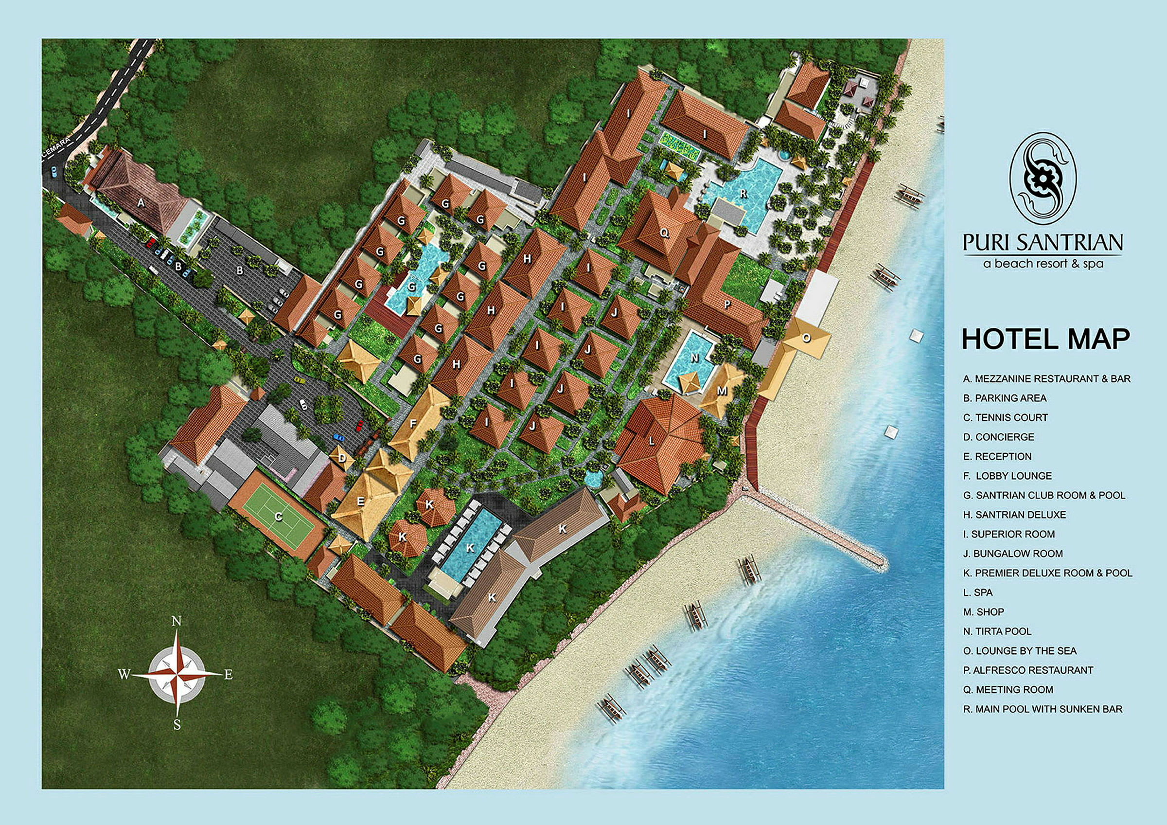 Karta över Puri Santrian Beach Resort & Spa, inklusive byggnader och faciliteter. (AI-genererad text)