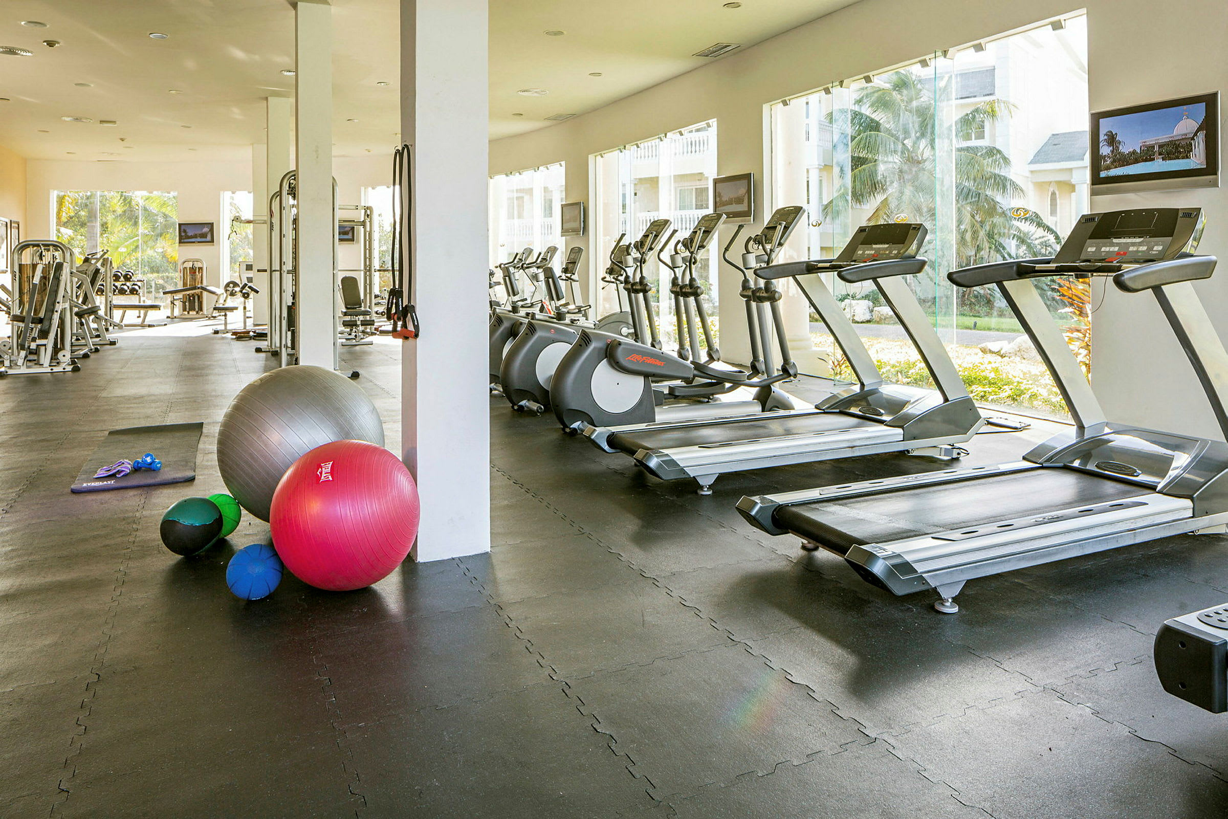 Gym med träningsmaskiner, löpband och träningsbollar. (AI-genererad text)