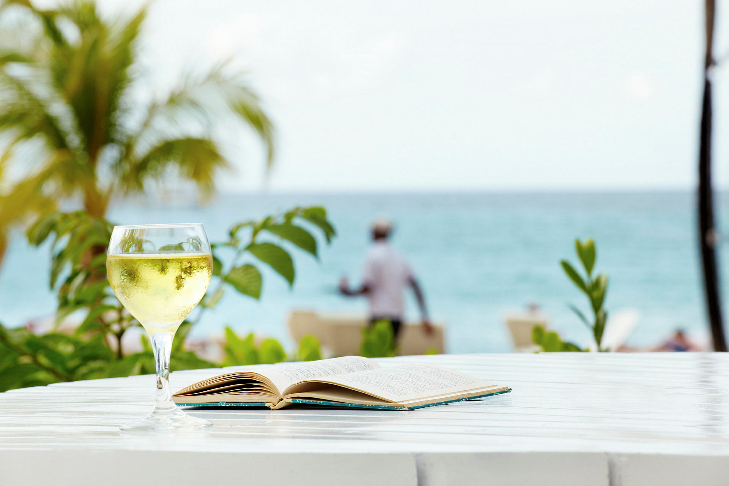 Ett glas med dryck och en bok ligger på ett bord med havet och en palmträd i bakgrunden. (AI-genererad text)