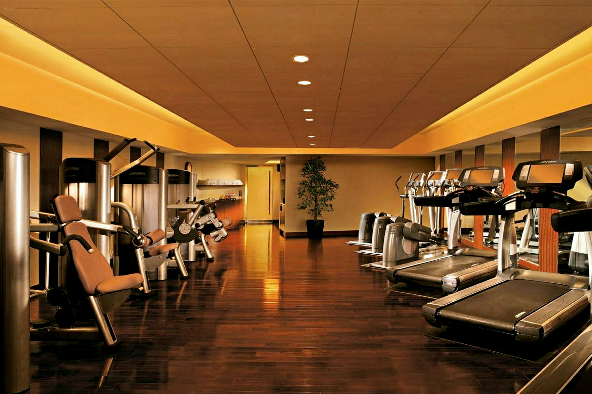 Ett gym med olika träningsmaskiner, inklusive löpband och styrketräningsutrustning, samt spegelvägg och trägolv. (AI-genererad text)