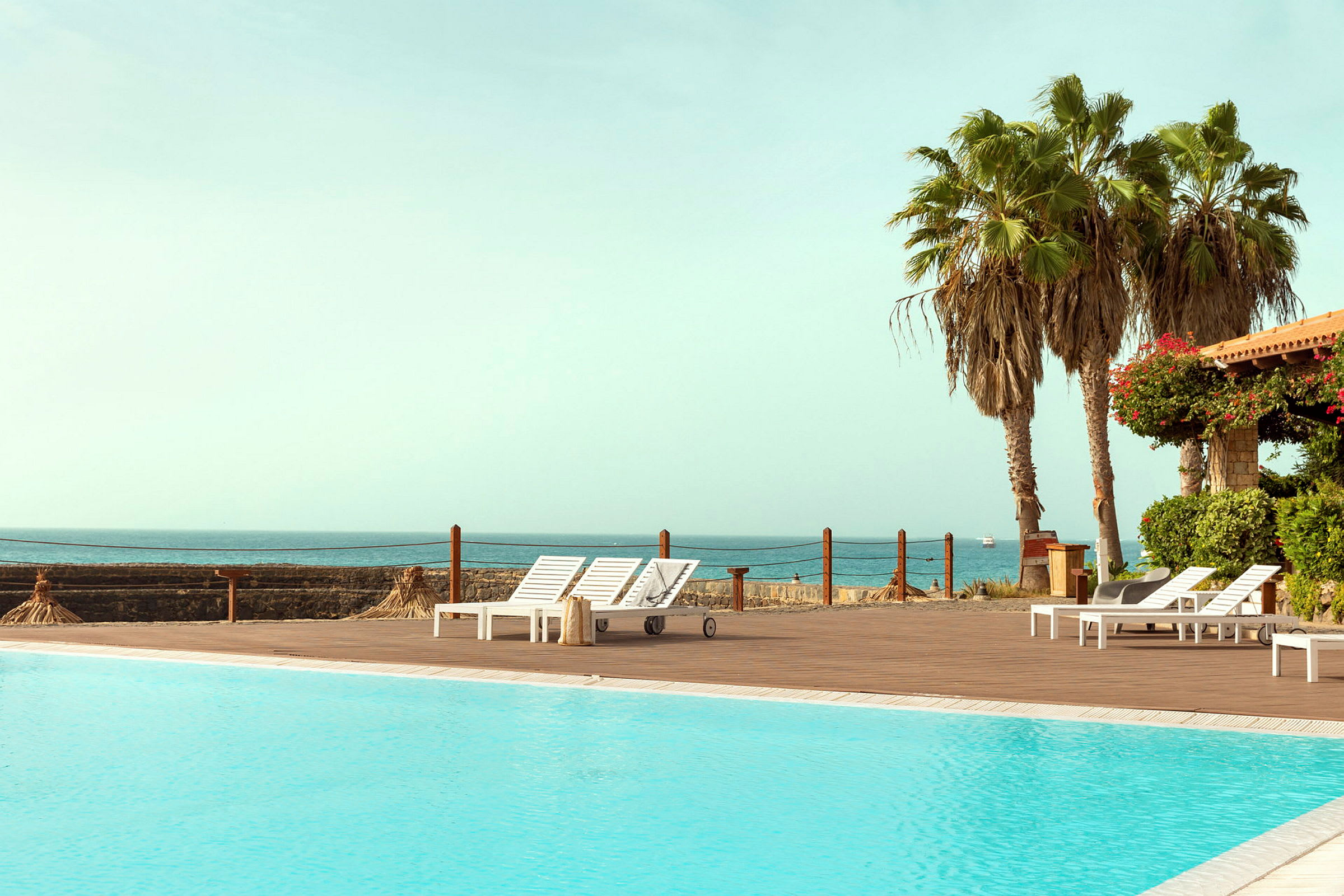 En pool med solstolar intill och palmer i bakgrunden vid havet. (AI-genererad text)