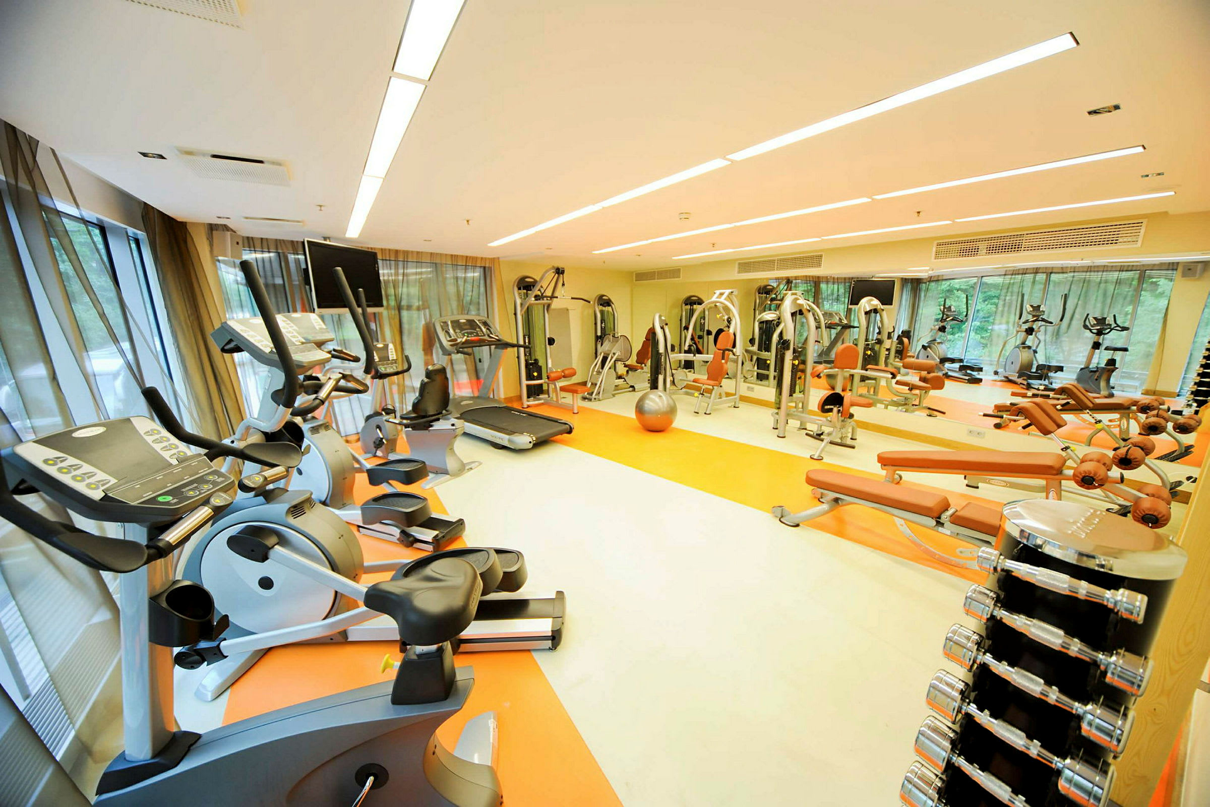 Bild föreställande ett gym med olika träningsmaskiner, cyklar och hantlar i ett ljust och modernt rum. (AI-genererad text)