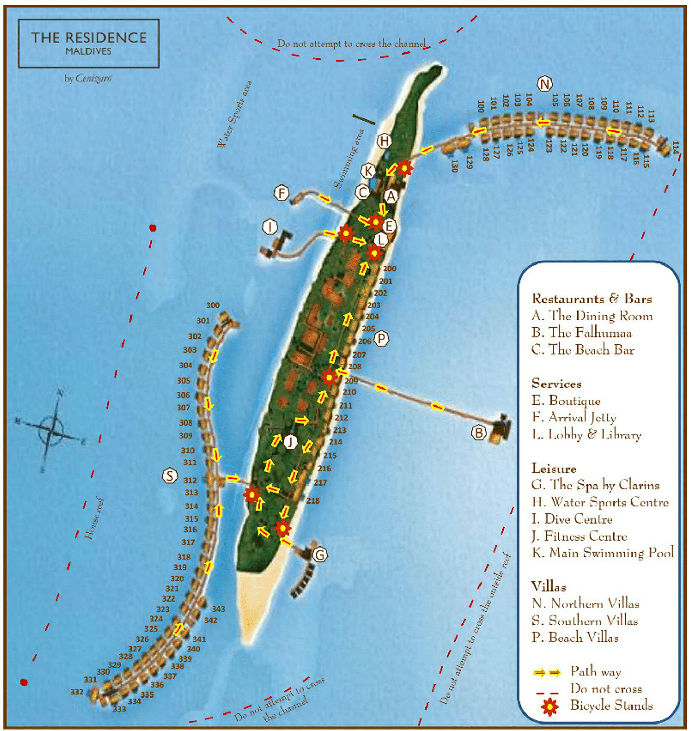 Karta över The Residence Maldives med markerade områden för restauranger, barer, tjänster, fritidsaktiviteter och boendetyper. (AI-genererad text)