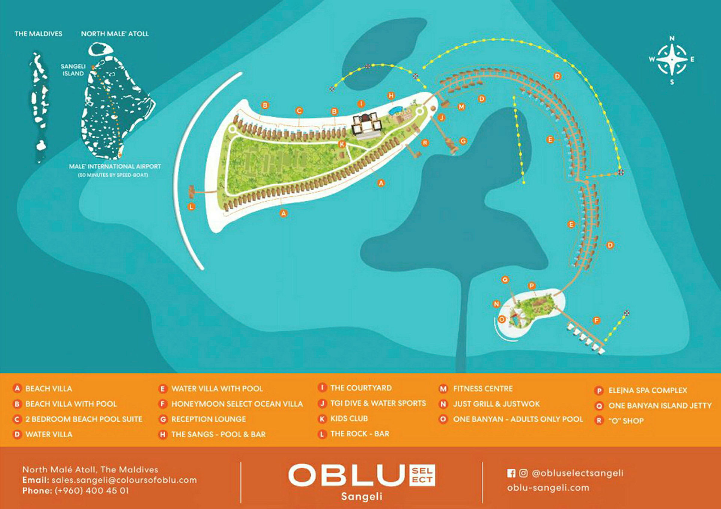 En karta över Sangeeli, en ö i Maldiverna, som visar resorts, faciliteter och omgivande områden. (AI-genererad text)