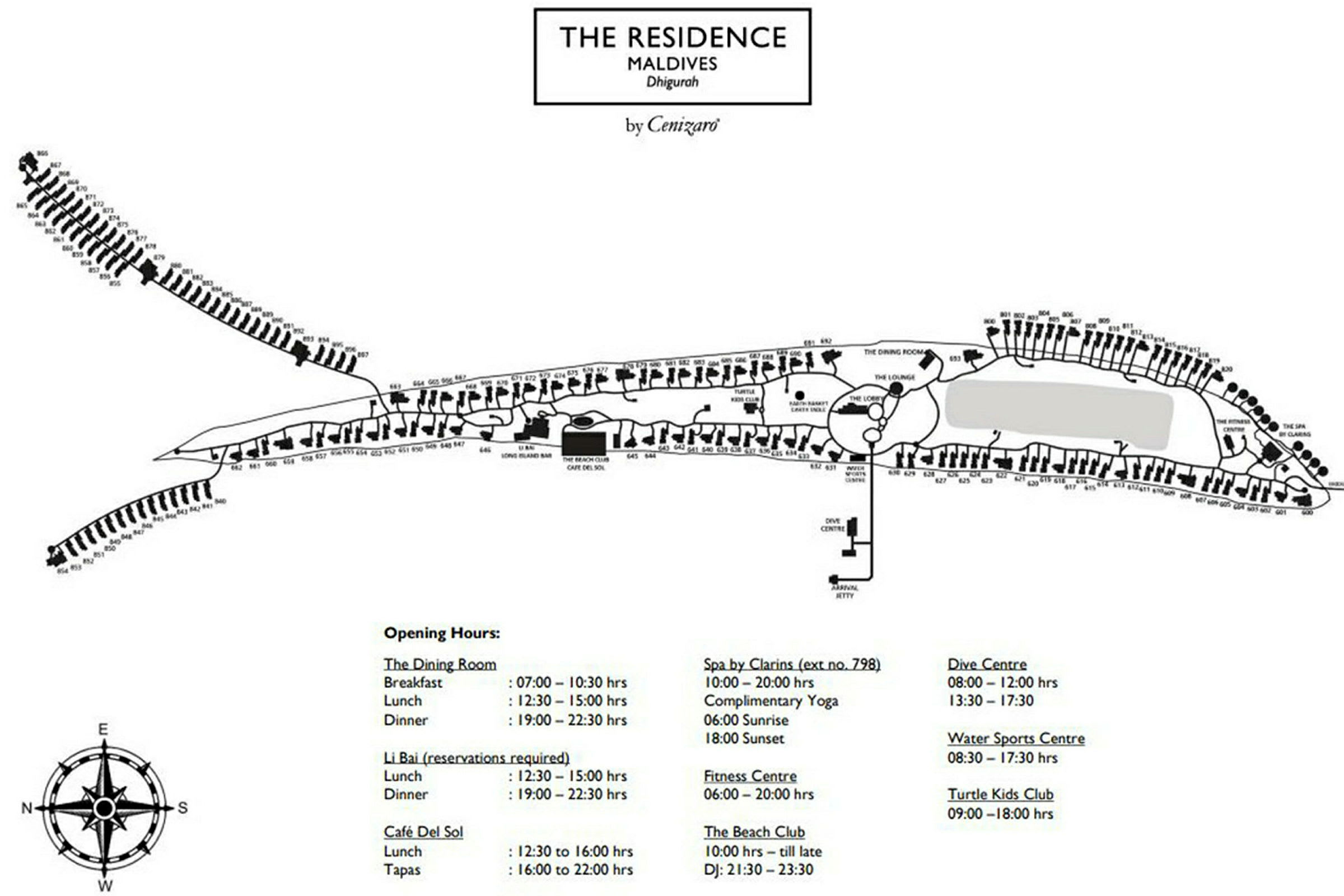 Karta över resorten The Residence Maldives Dhigurah med öppettider för olika faciliteter. (AI-genererad text)