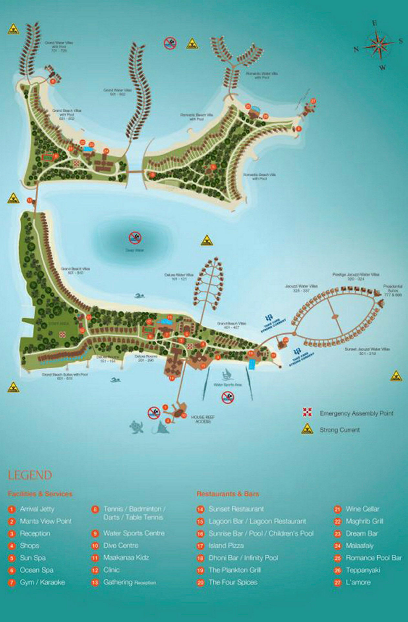 Karta över resort område med byggnader, vägar och faciliteter markerade. (AI-genererad text)