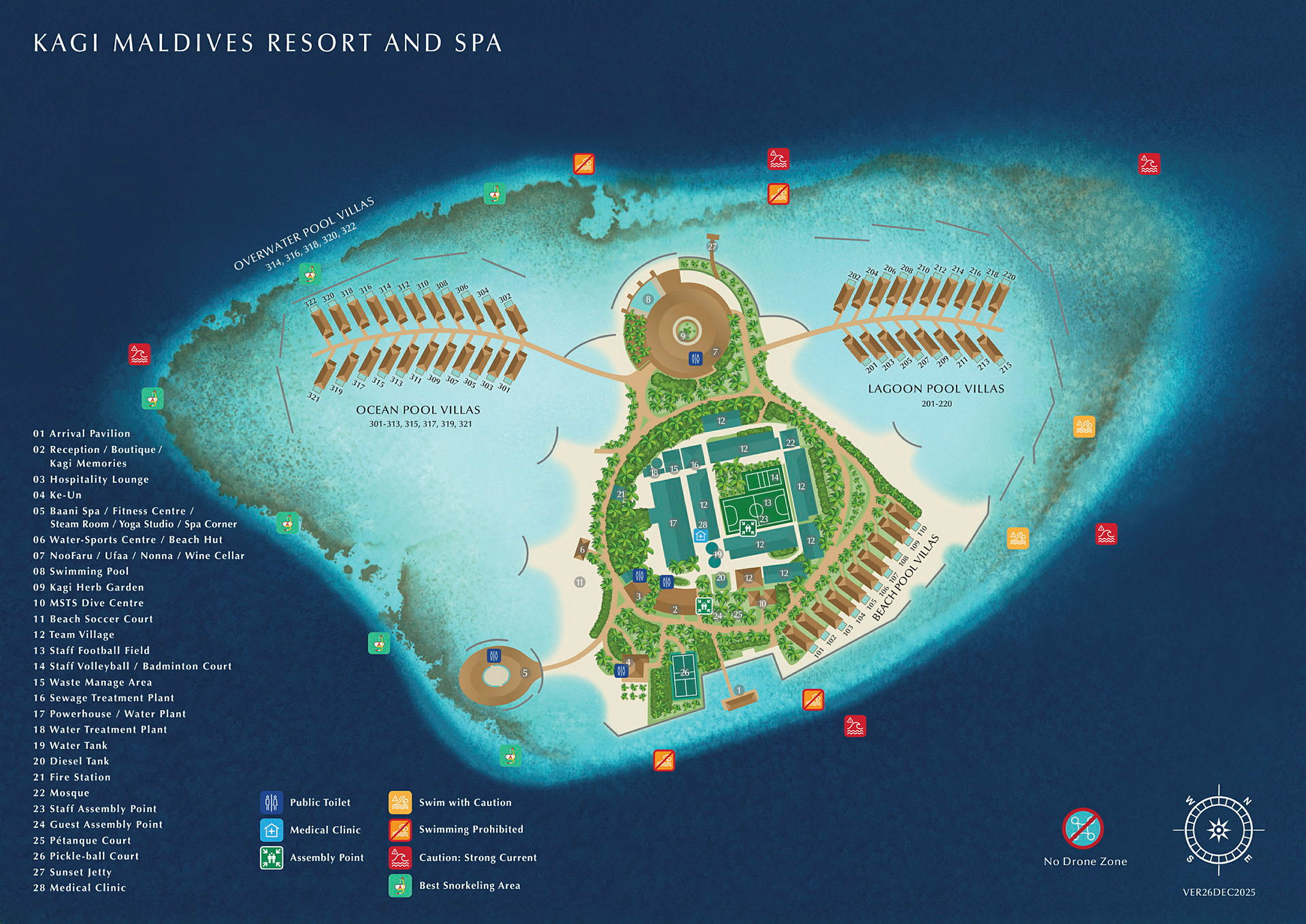 Kartillustration av resorten Kagi Maldives Resort and Spa med markerade byggnader, faciliteter och områden på en ö. (AI-genererad text)