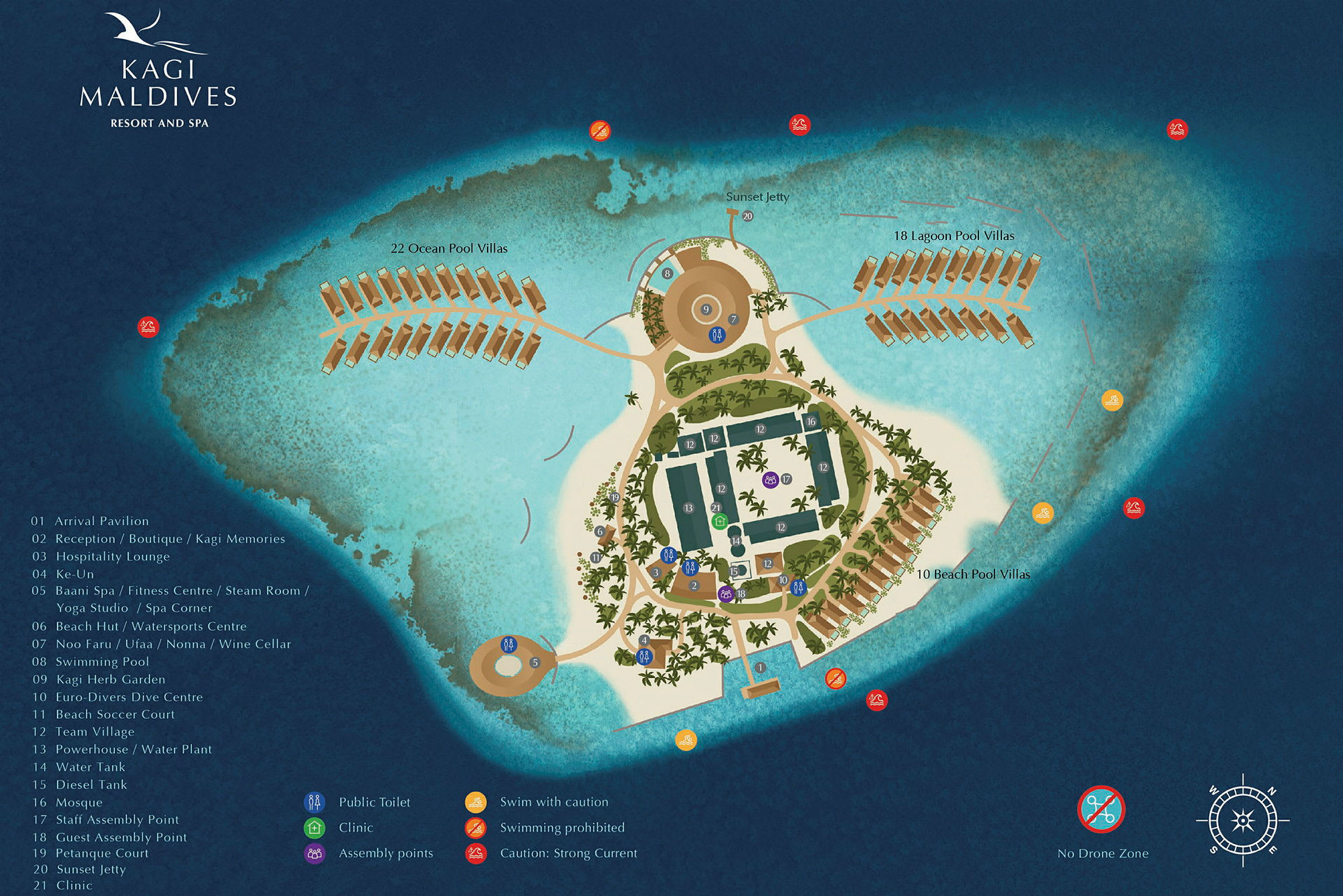 Illustrerad karta över Kagi Maldives Resort och dess faciliteter. (AI-genererad text)