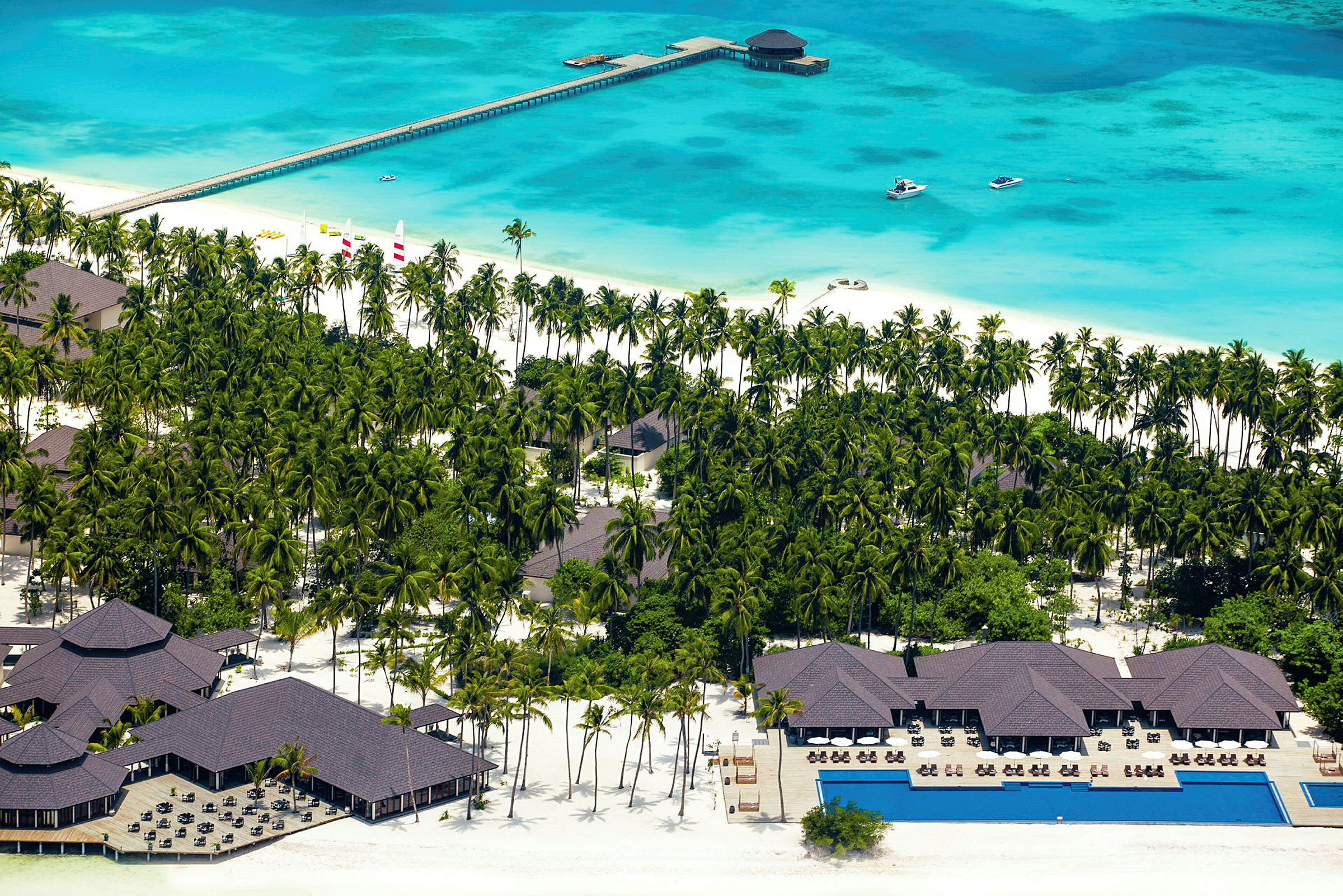 Flygbild på tropiskt semesterresort med pool och palmer vid strand och turkost vatten. (AI-genererad text)