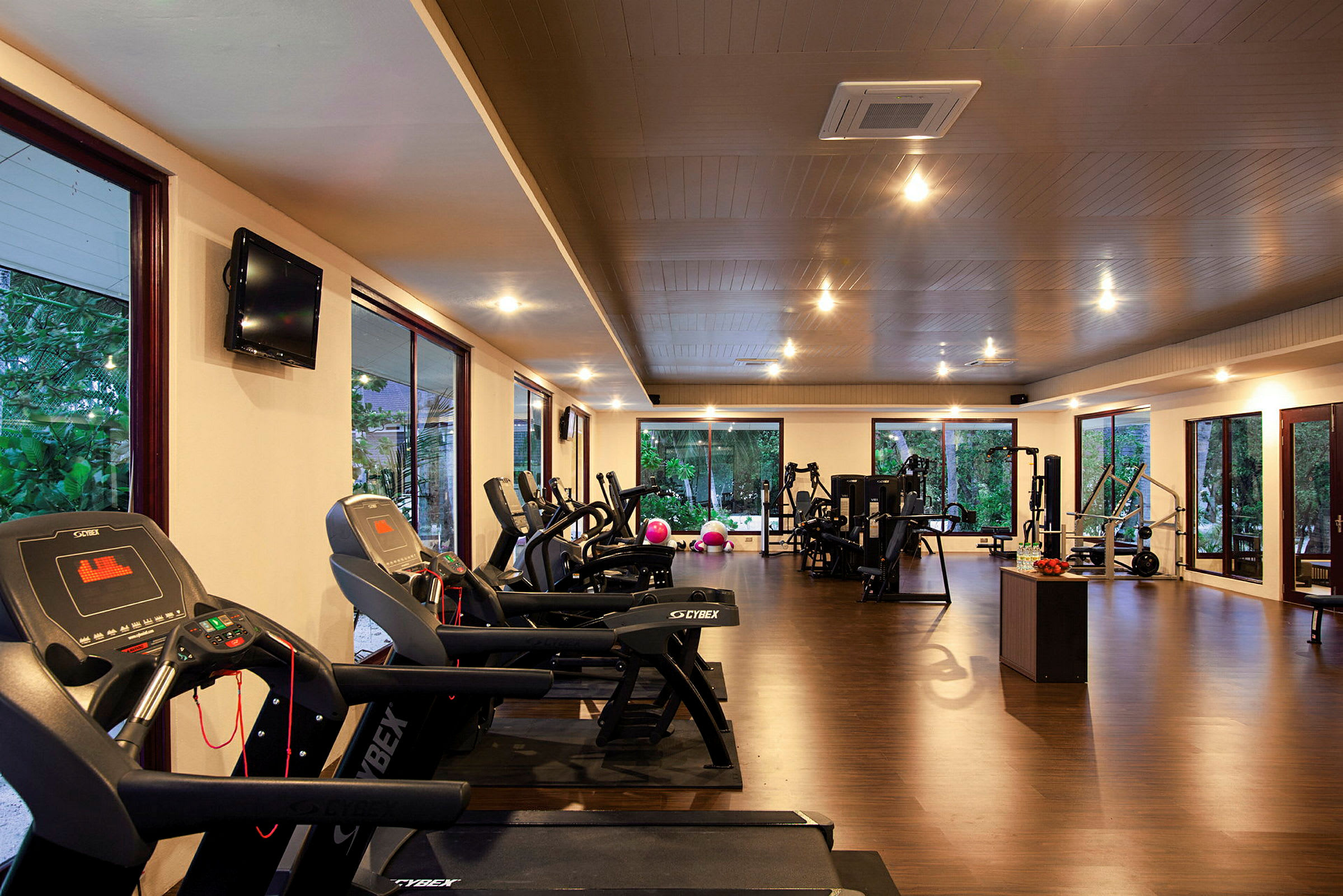 Gym med träningsmaskiner och fria vikter. (AI-genererad text)