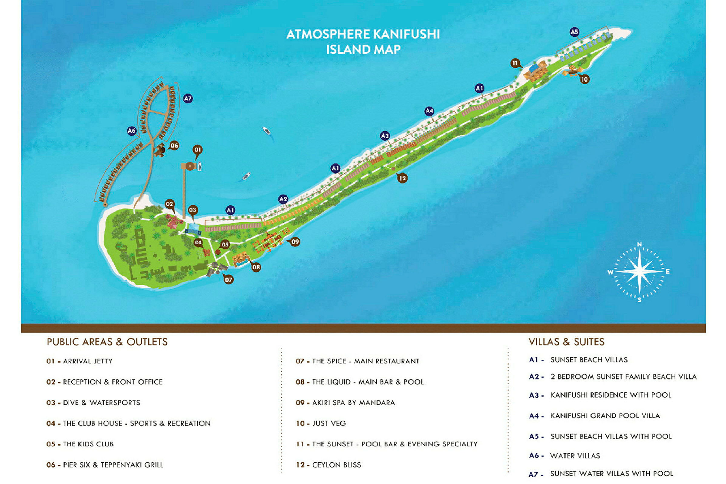 Karta över Atmosphere Kanifushi Island som visar olika faciliteter och boendealternativ. (AI-genererad text)
