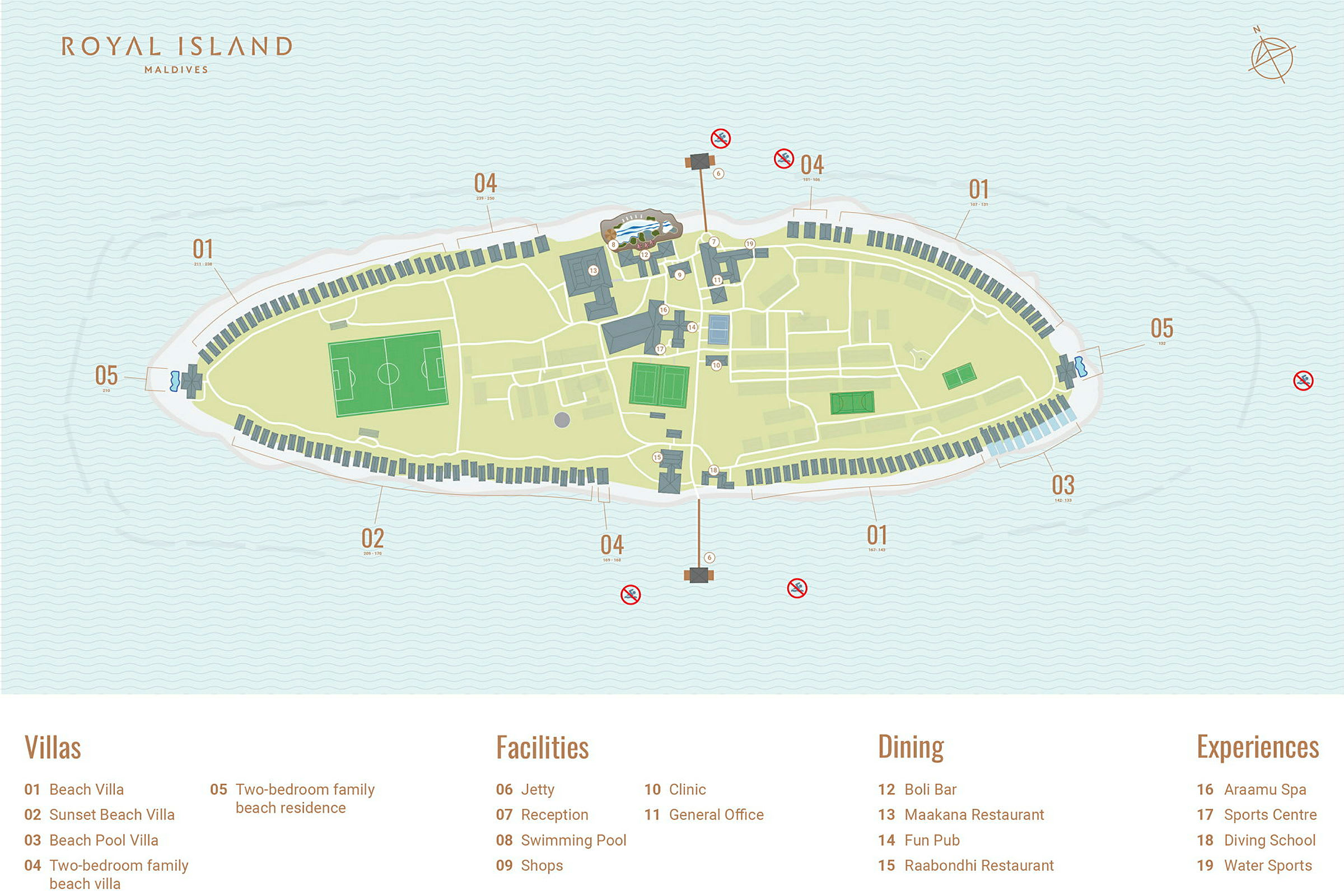 Karta över Royal Island Maldives som visar resortens layout och faciliteter. (AI-genererad text)