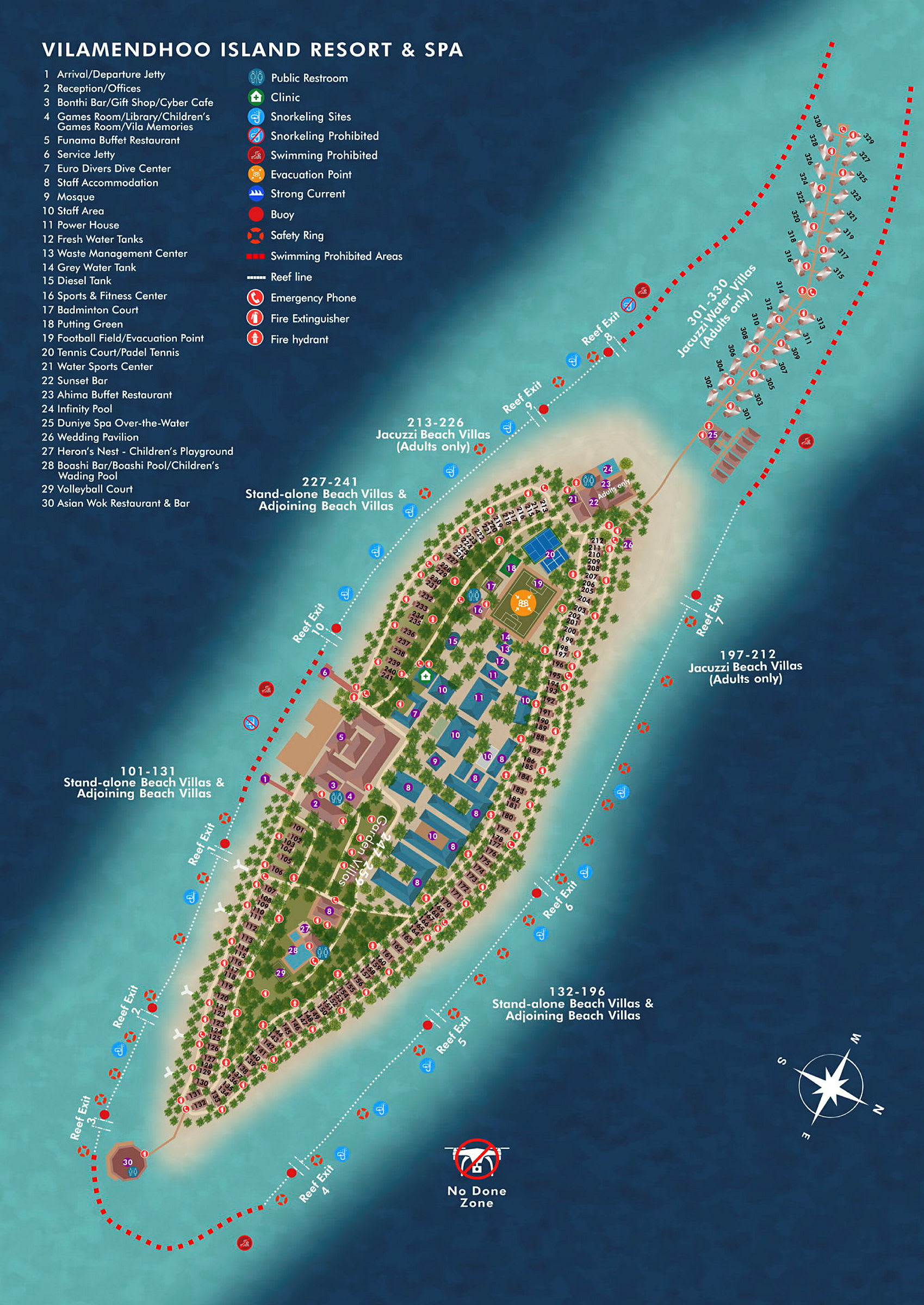 Karta över Vilamendhoo Island Resort och Spa med markerade faciliteter och boendeplatser. (AI-genererad text)