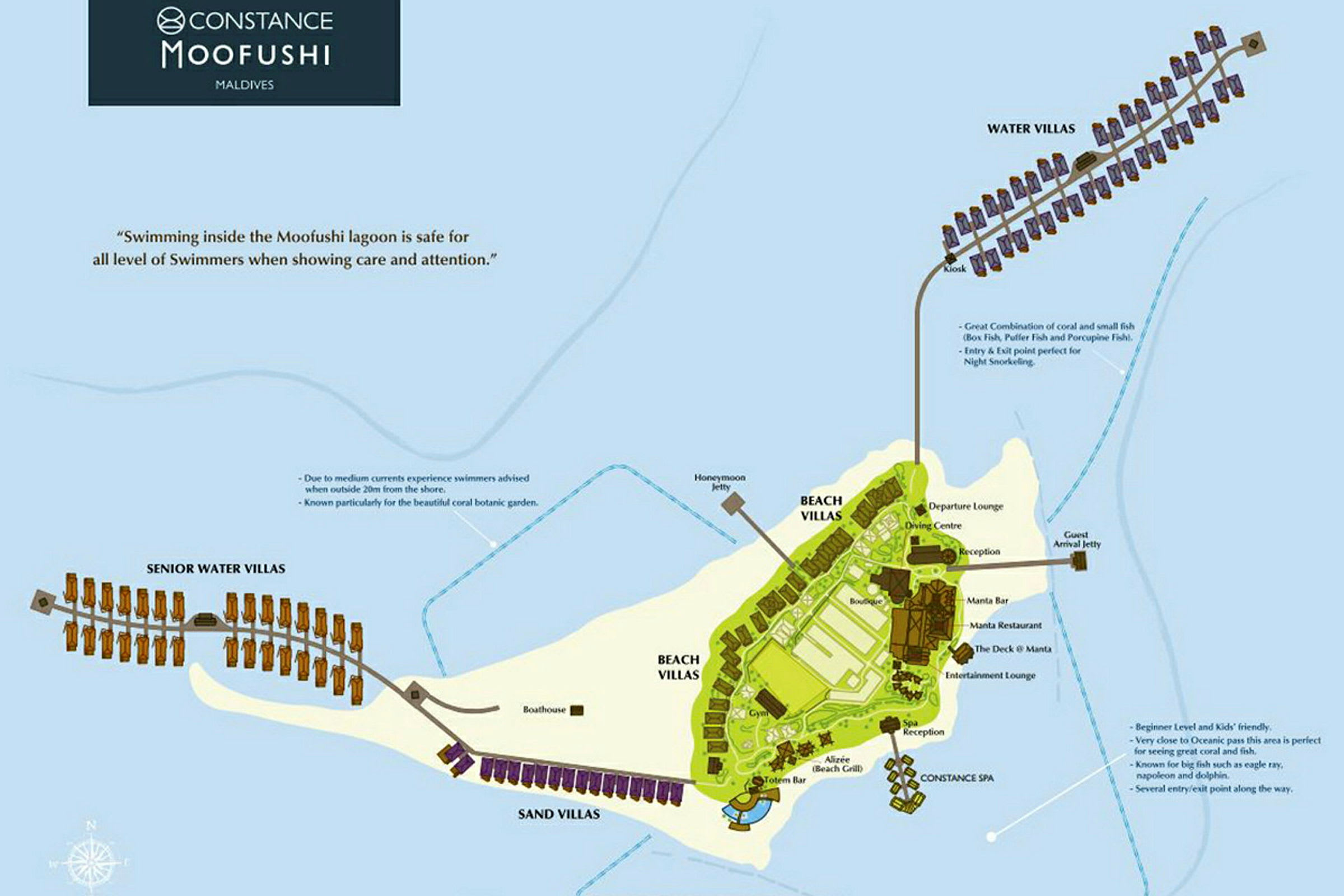 En karta över Constance Moofushi Resort på Maldiverna, inklusive olika typer av villor och faciliteter. (AI-genererad text)