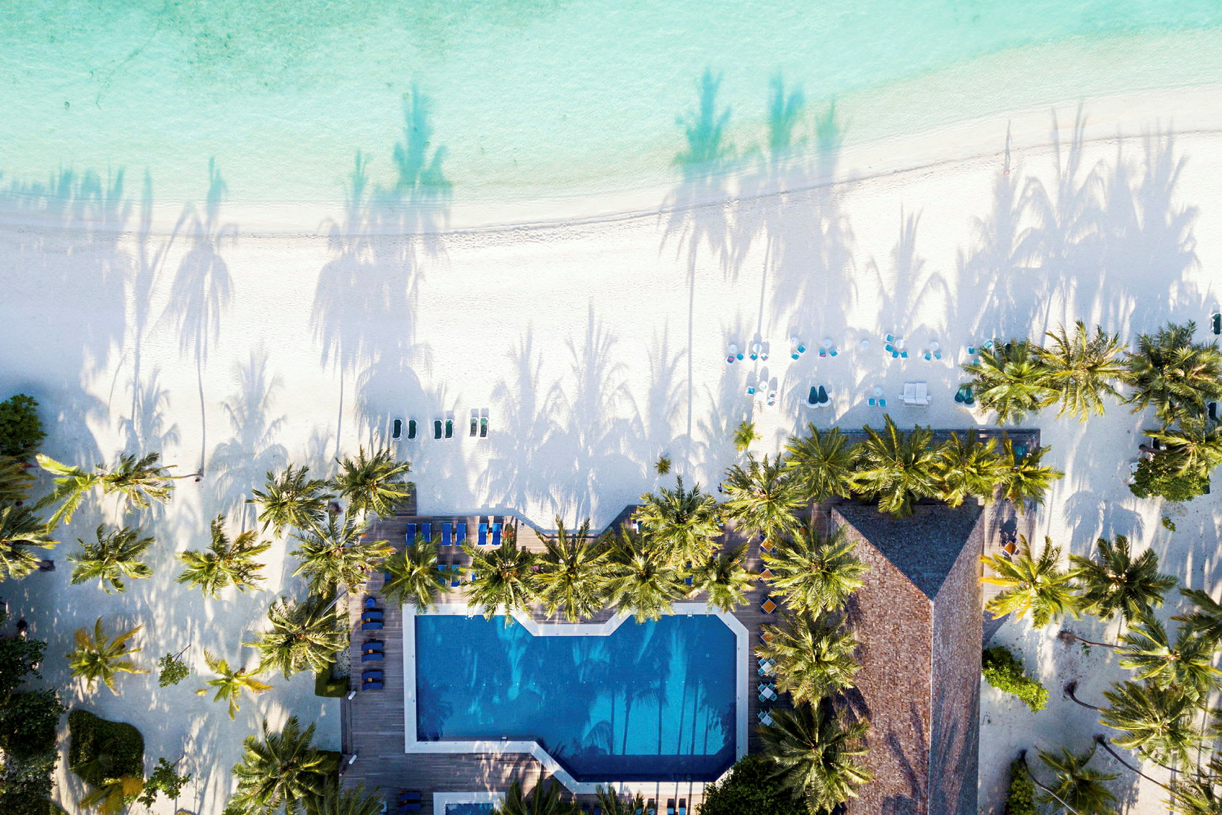 Flygvy av en sandstrand, pool och palmer. (AI-genererad text)