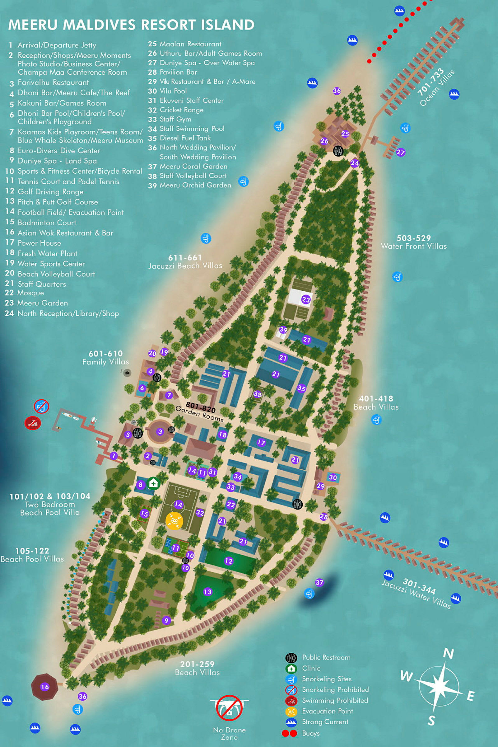 Karta över Meeru Maldives Resort Island med markerade platser och faciliteter. (AI-genererad text)
