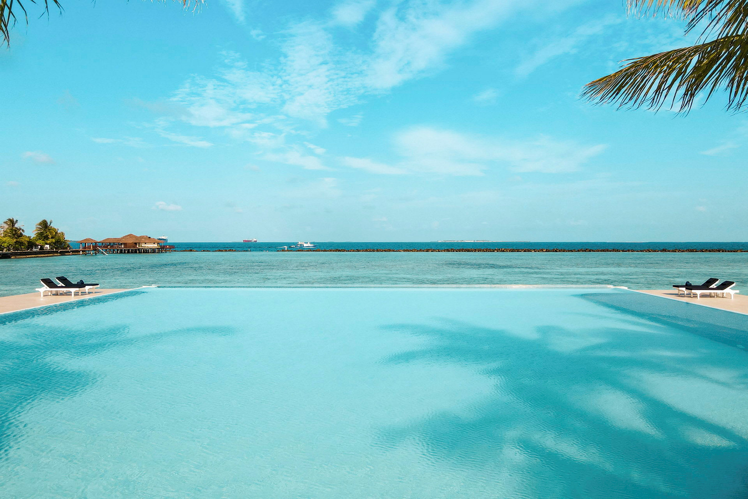 Infinitypool med utsikt över havet, med solsängar på kanten. (AI-genererad text)