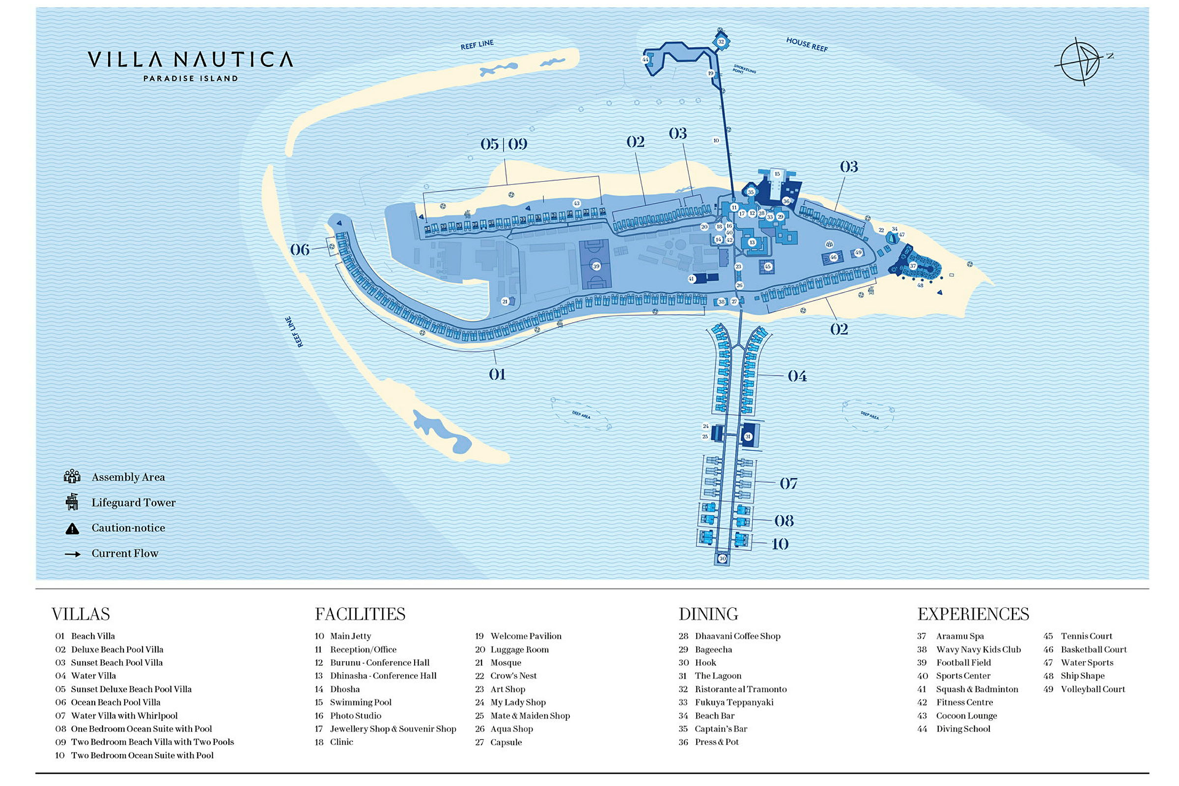 Karta över Villa Nautica Paradise Island med olika områden, anläggningar och villor markerade. (AI-genererad text)