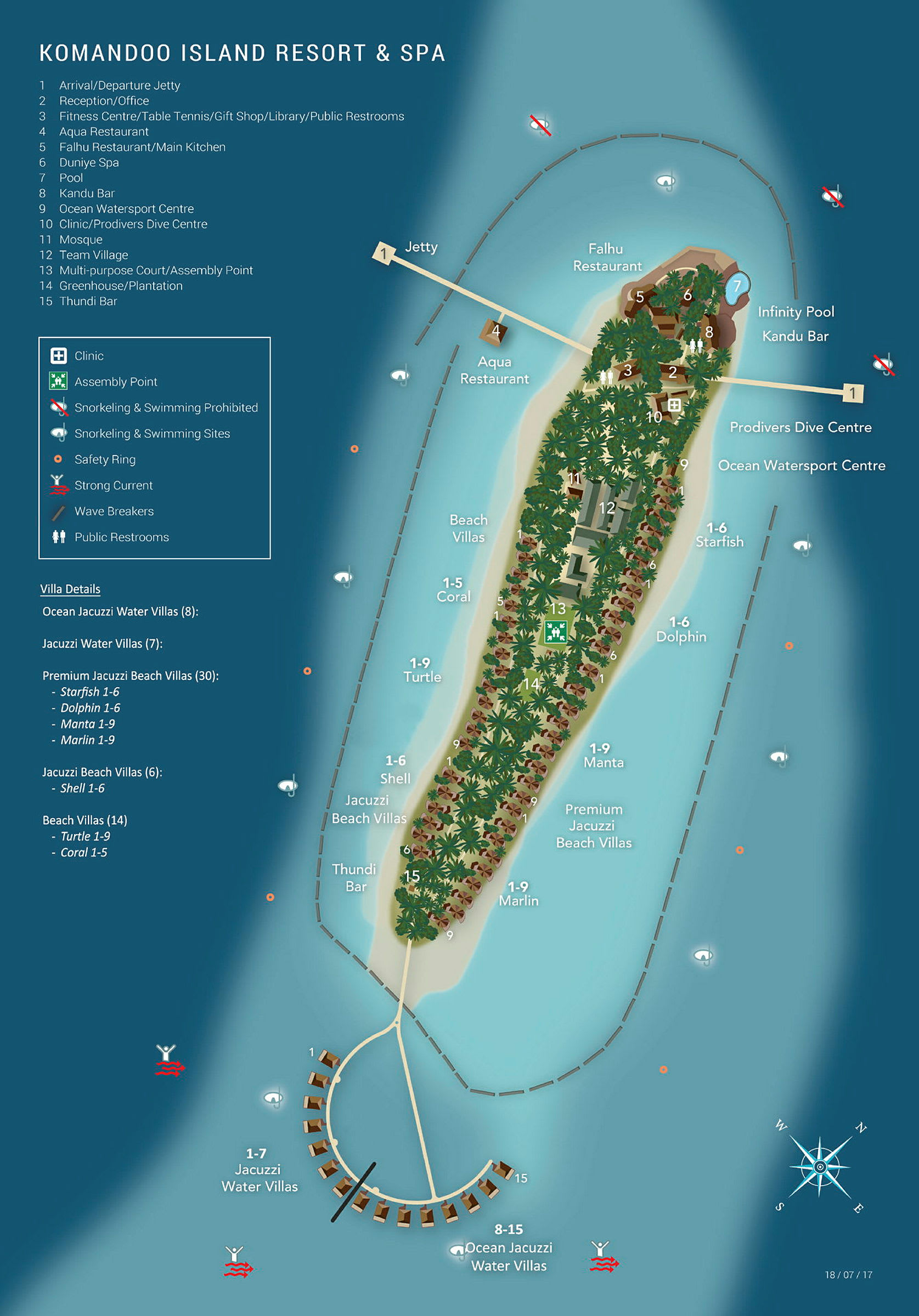 Karta över Komandoo Island Resort & Spa som visar resortens layout med boenden, faciliteter och aktiviteter. (AI-genererad text)