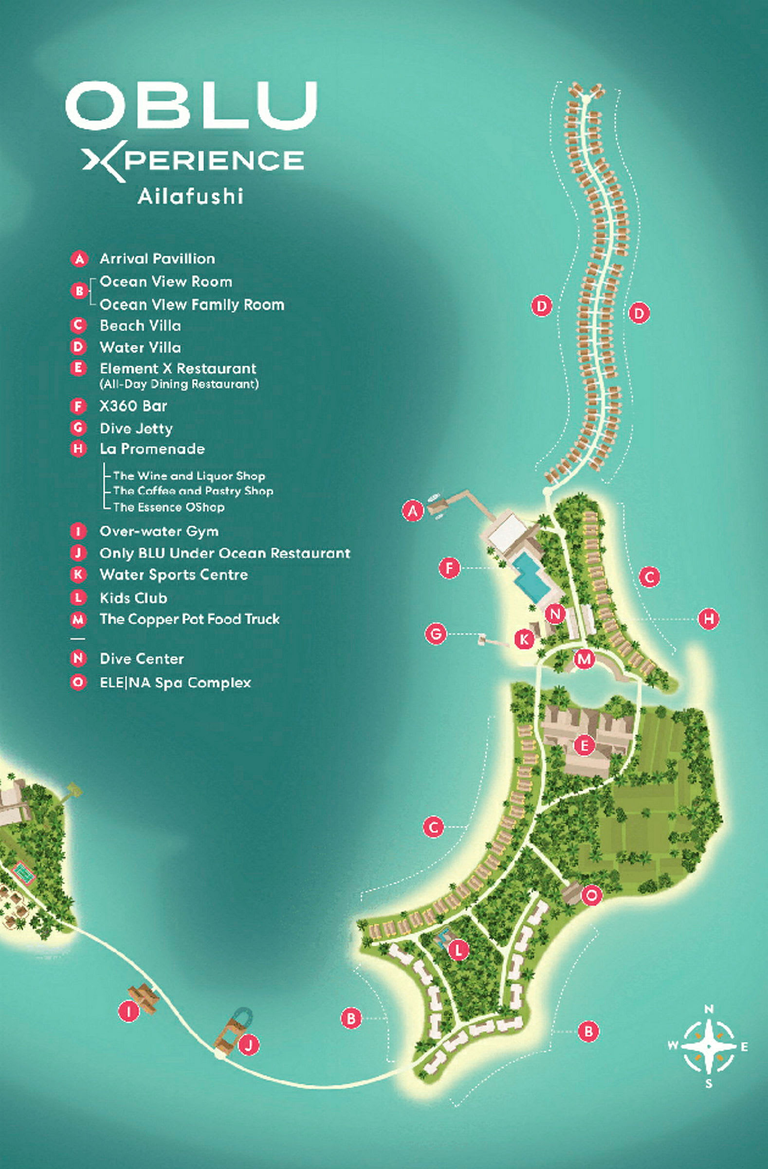 Karta över OBLU Xperience Ailafushi resort med olika faciliteter markerade. (AI-genererad text)
