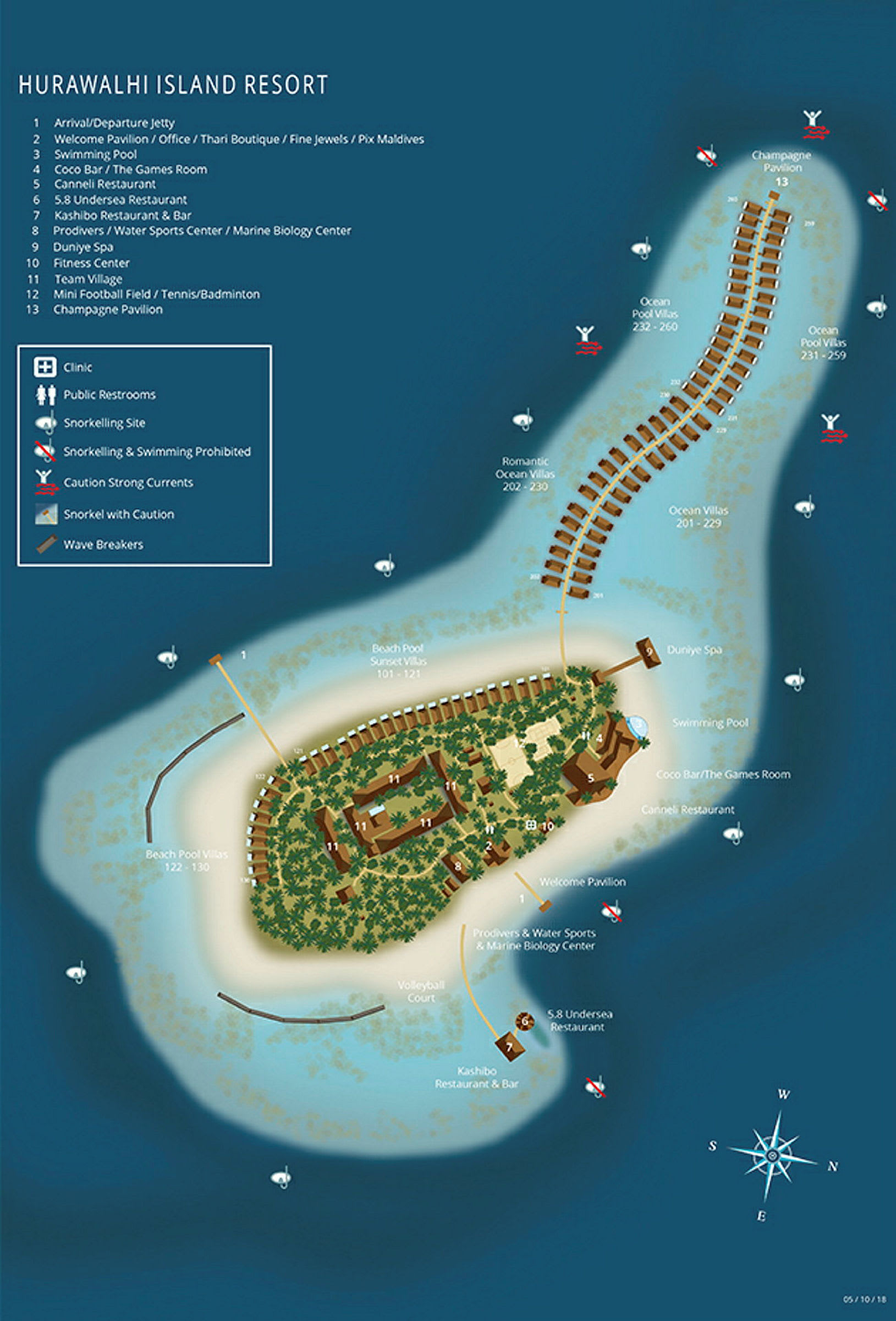 Karta över Hurawalhi Island Resort med markerade faciliteter och boenden. (AI-genererad text)
