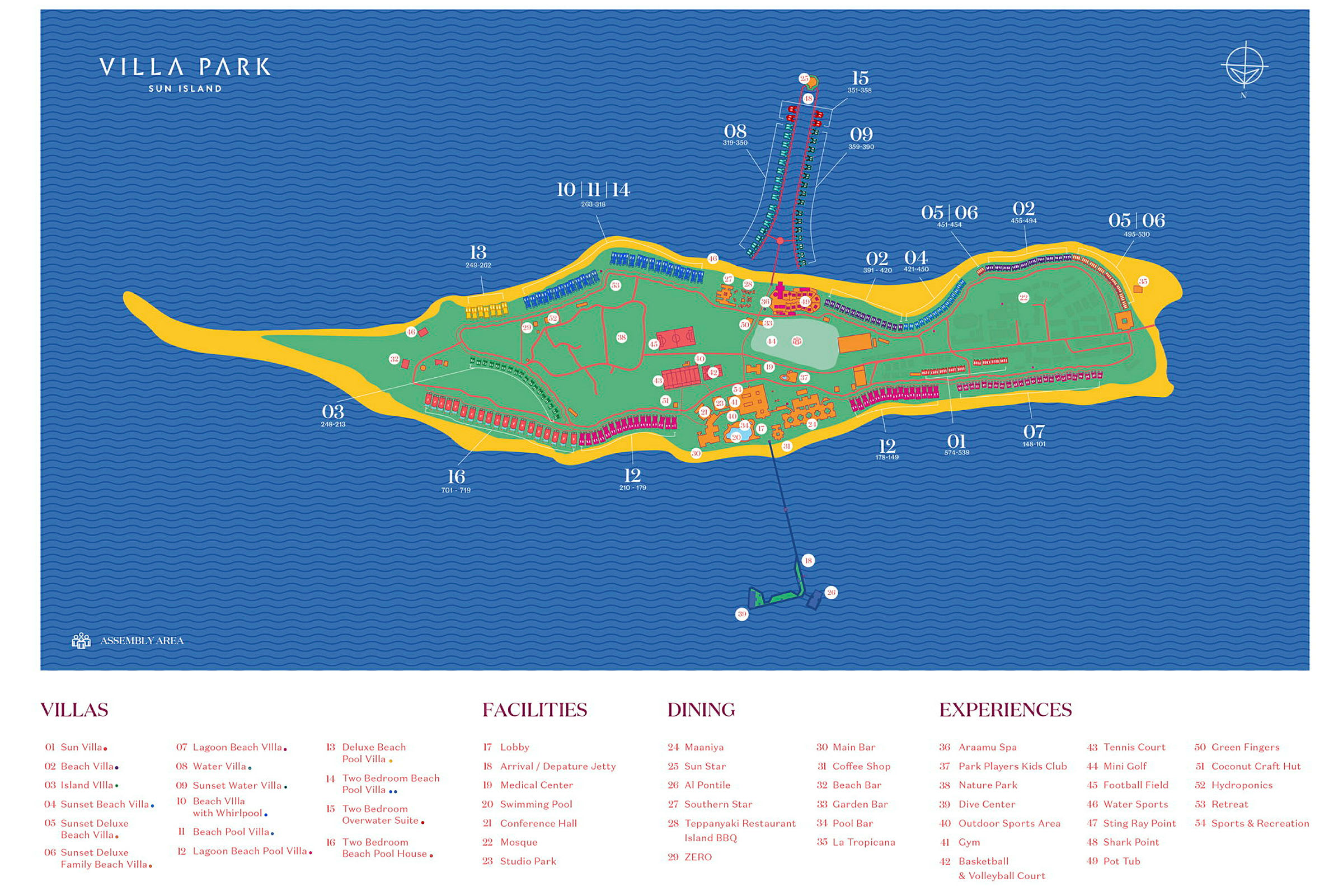 En karta över Villa Park på Sun Island, med olika byggnader, faciliteter och områden markerade. (AI-genererad text)