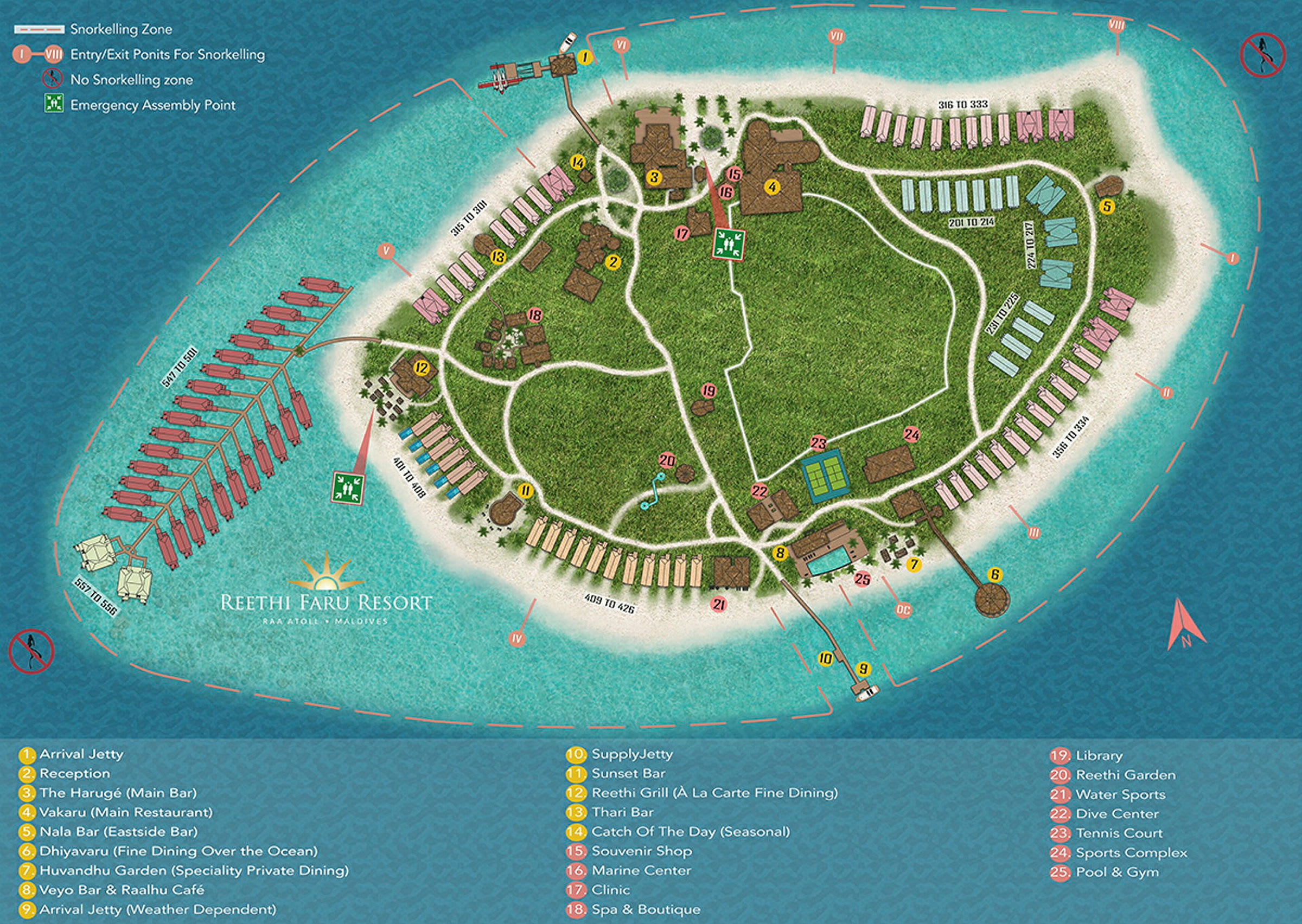 Karta över Reethi Faru Resort på Maldiverna med markerade zoner och byggnader. (AI-genererad text)