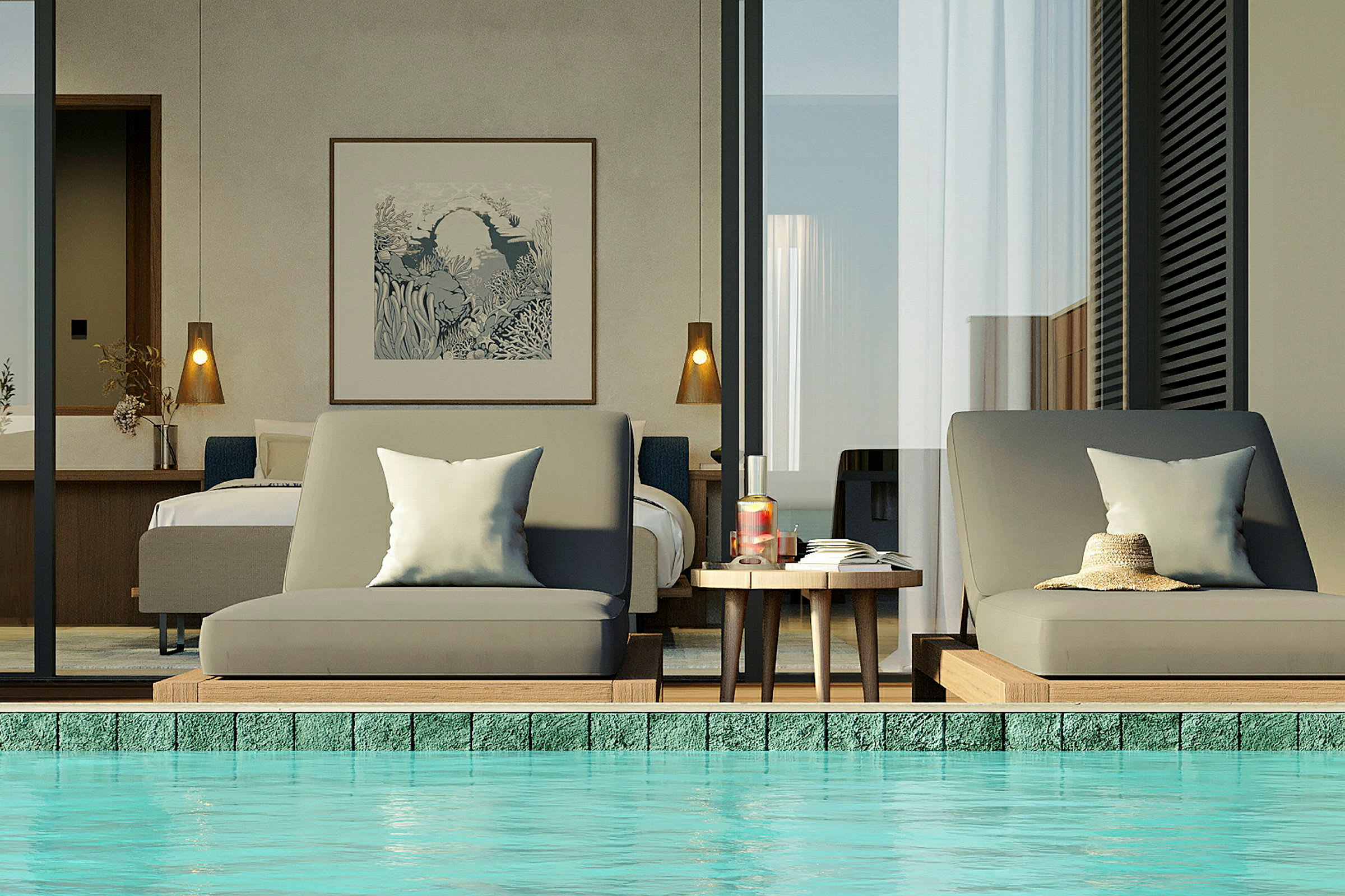 Två solstolar med en liten bord mellan sig, placerade vid kanten av en pool. I bakgrunden syns ett hotellrum med modern inredning. (AI-genererad text)