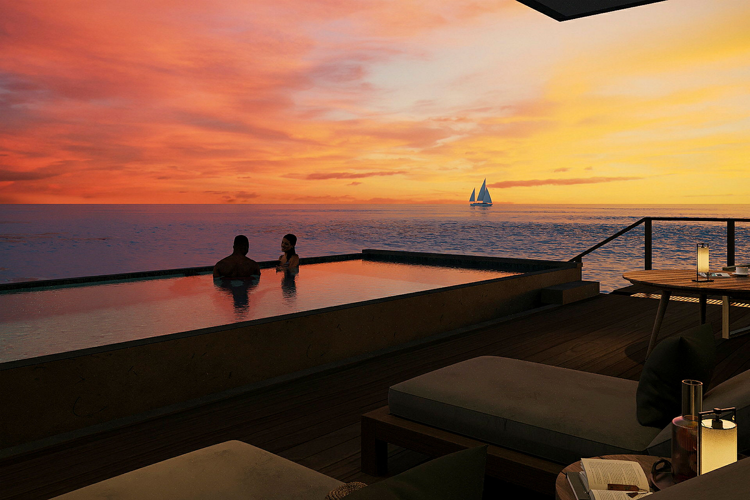 Två personer sitter i en infinitypool vid solnedgången med en segelbåt på havet i bakgrunden. (AI-genererad text)