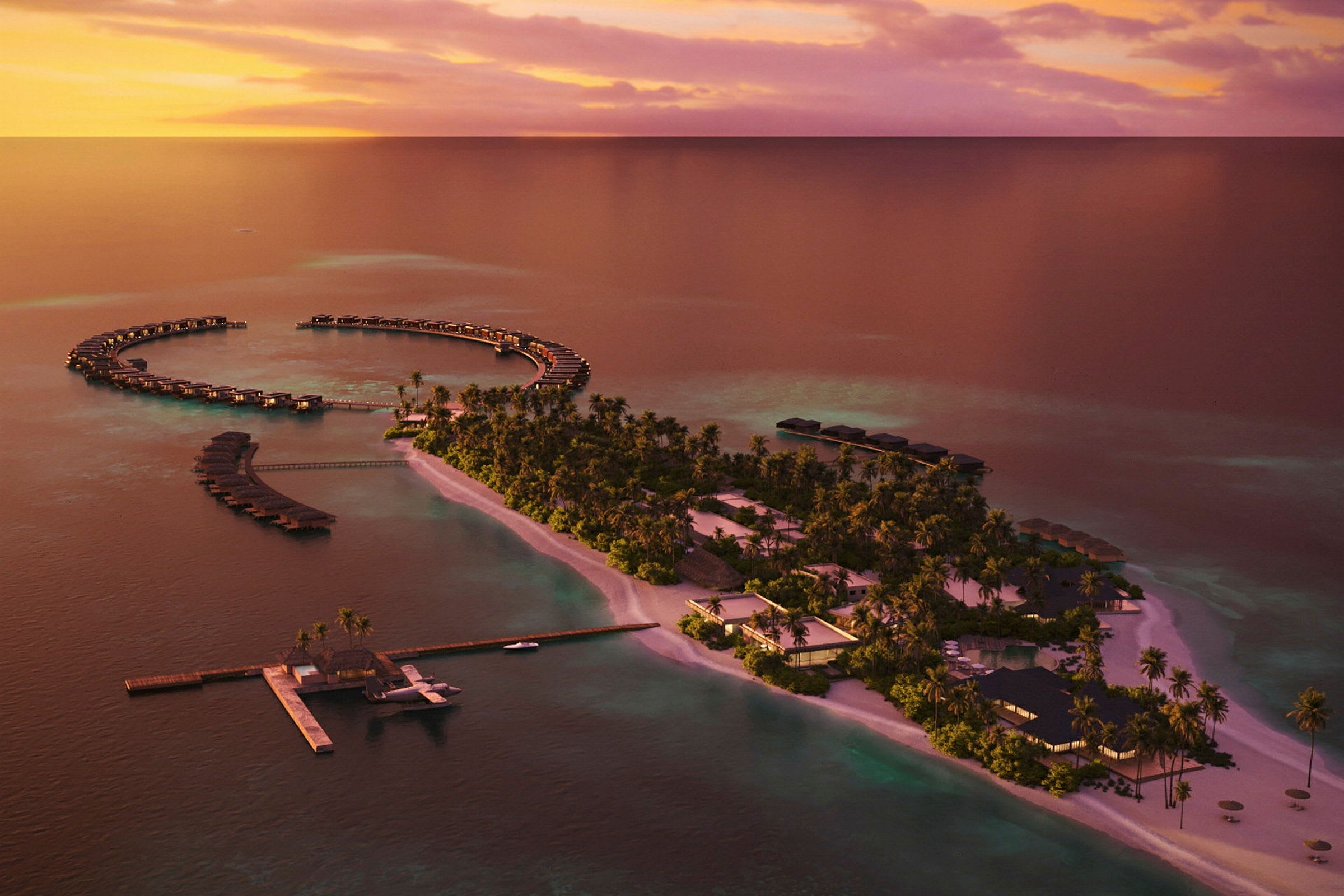 Öbild vid solnedgång med övervattensbungalower i formation runt ön. (AI-genererad text)