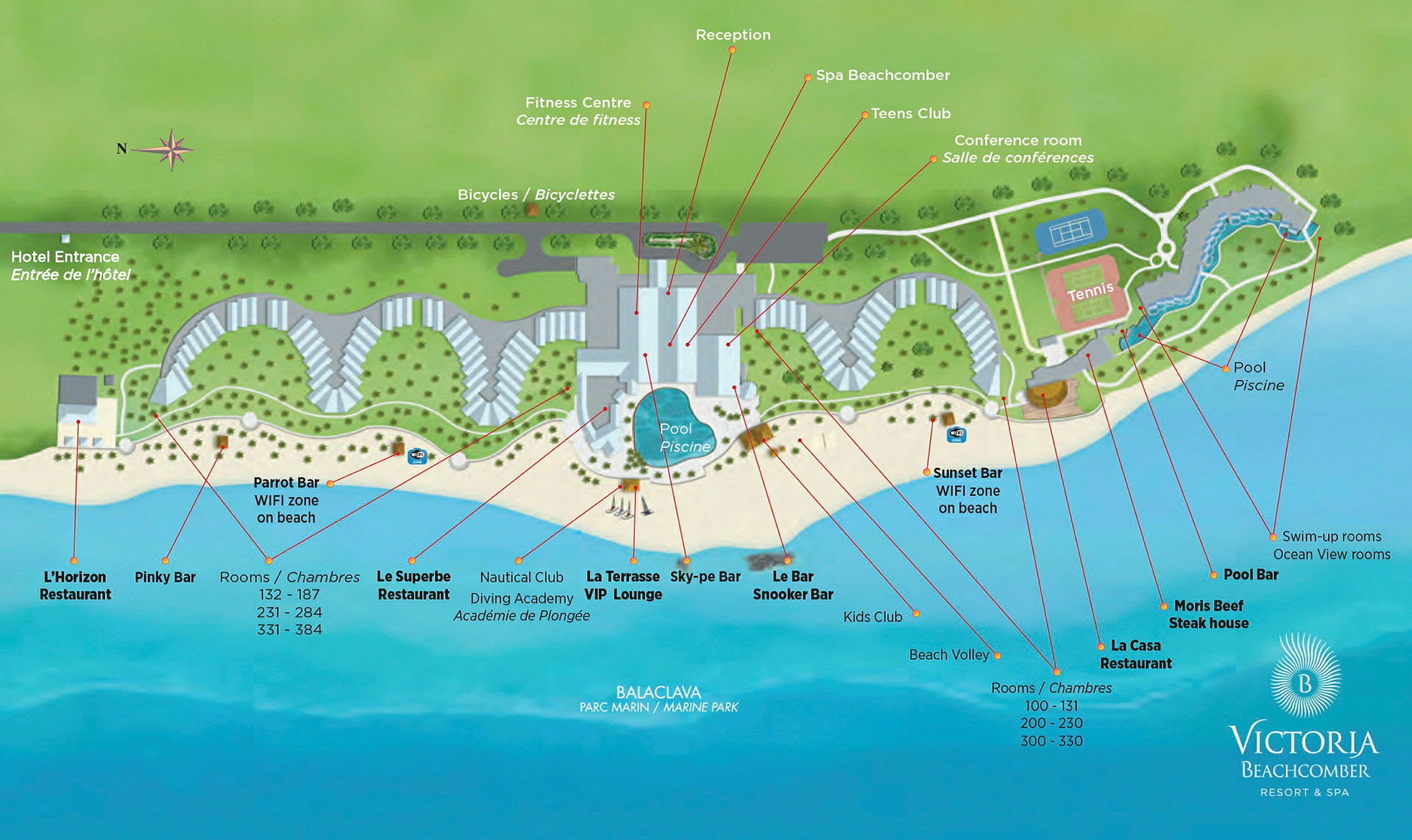 Illustration av Victoria Beachcomber Resort & Spa med hotellområden, lokaler och strandfaciliteter markerade. (AI-genererad text)