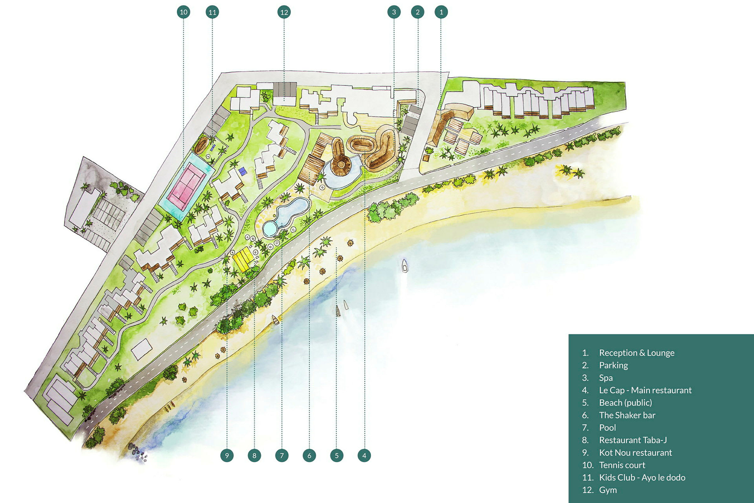 Karta över resort med markerade faciliteter. (AI-genererad text)