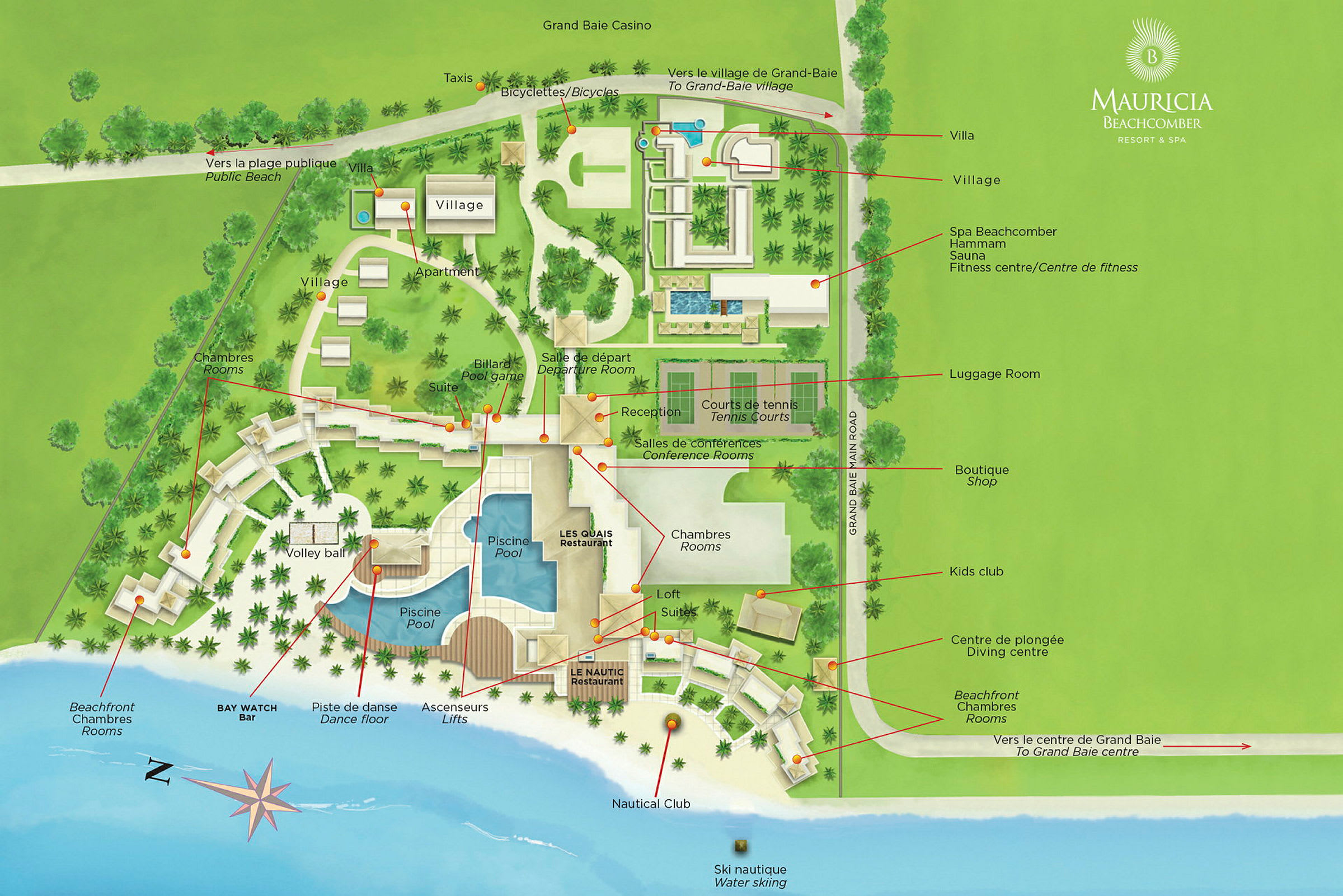 En karta över Mauricia Beachcomber Resort med markerade områden och faciliteter. (AI-genererad text)
