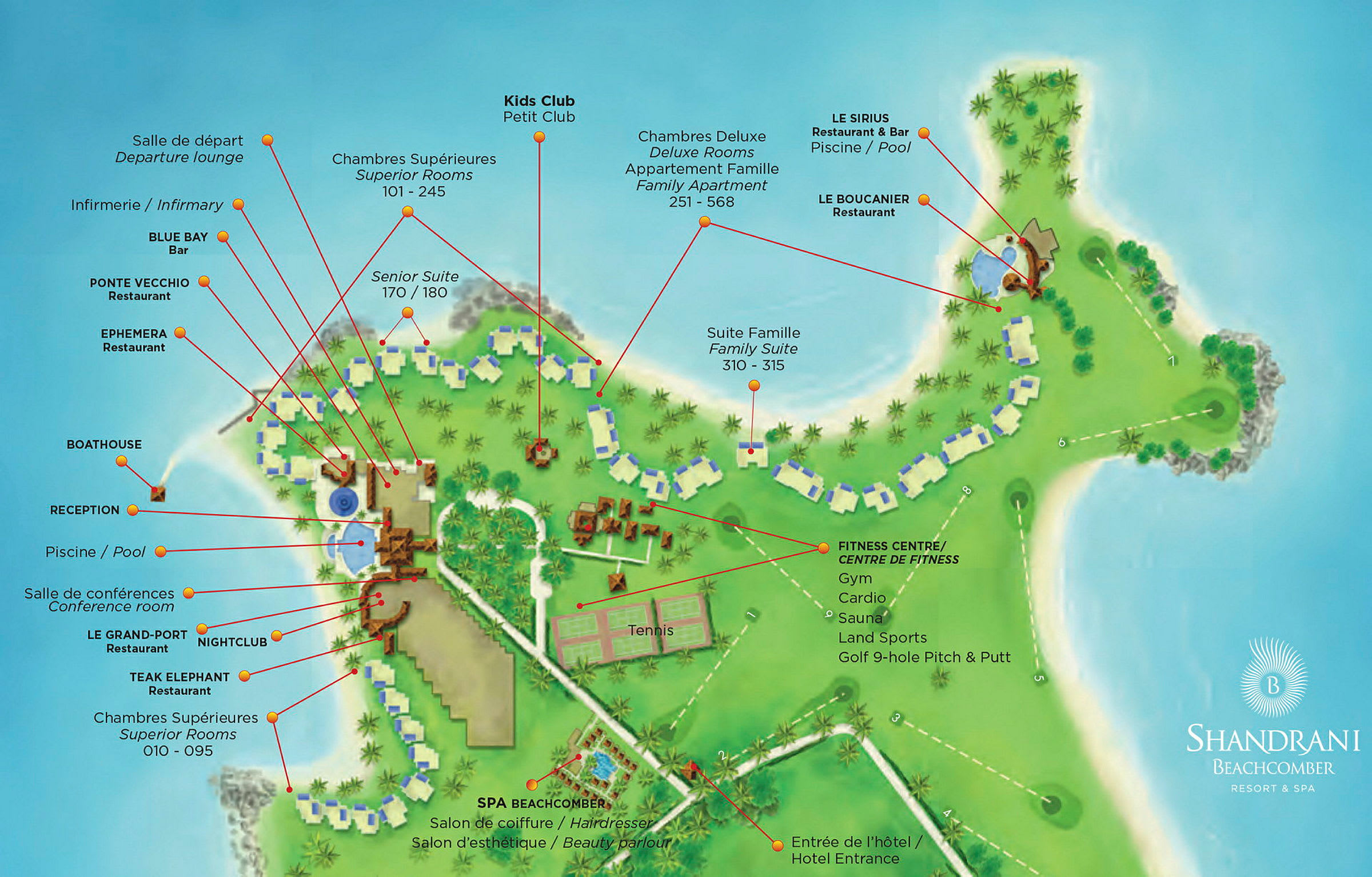 En illustrerad karta över en resort vid kusten med märkta faciliteter såsom hotellrum, restauranger, pooler och idrottsområden. (AI-genererad text)
