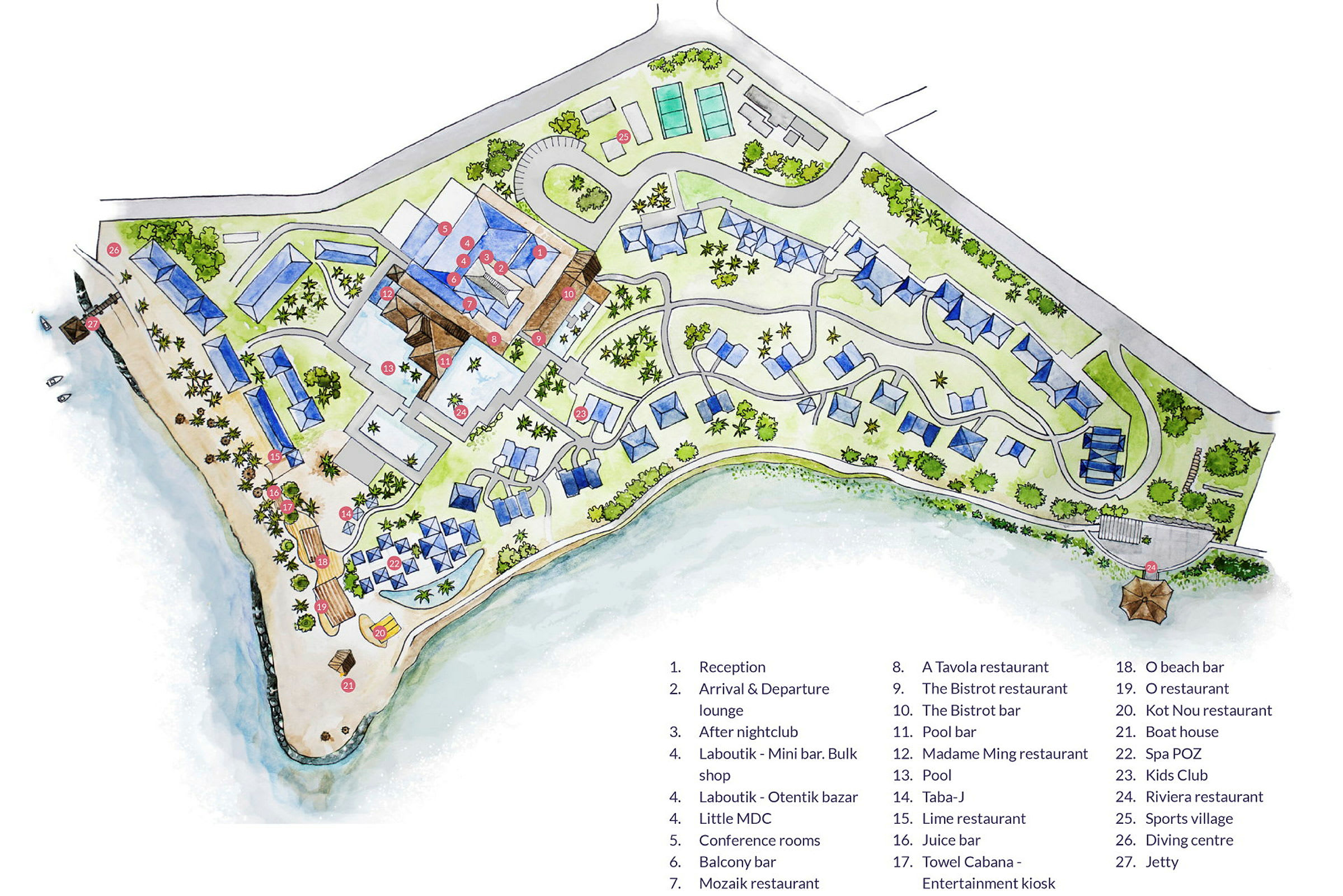 Illustration av en resortkarta med nummer som markerar olika faciliteter. (AI-genererad text)