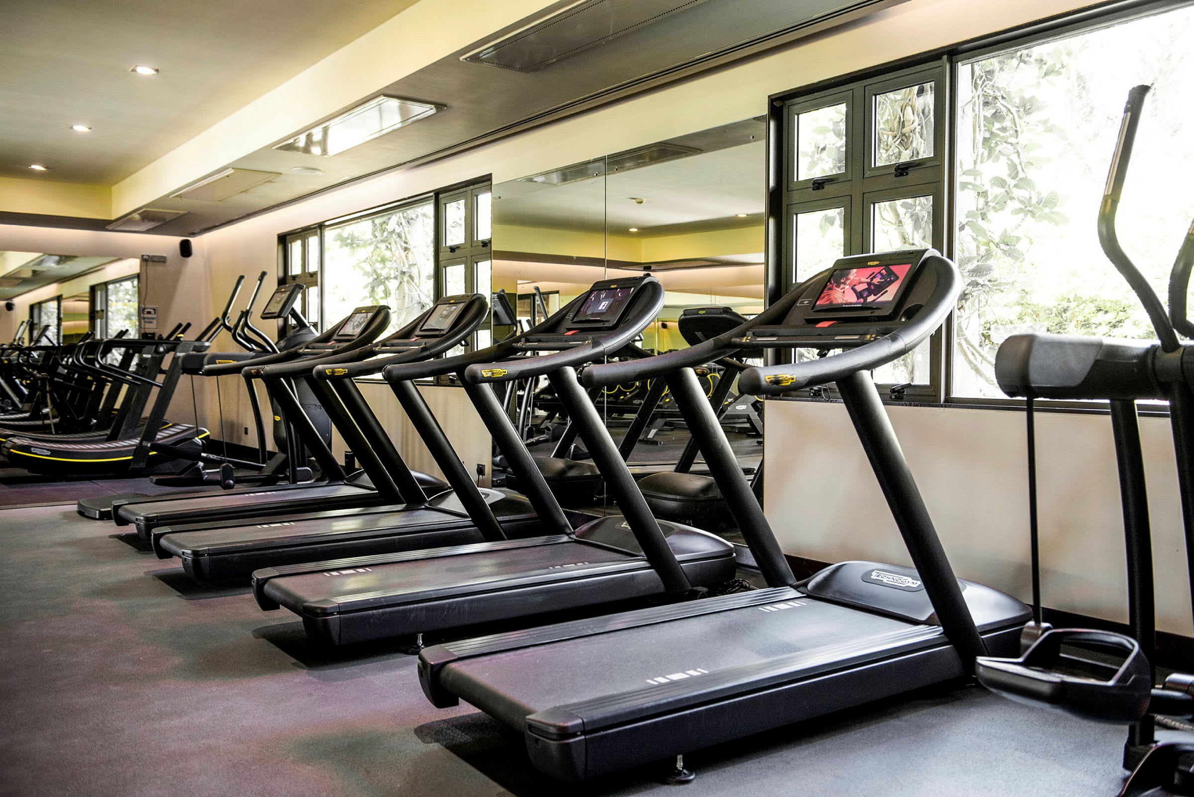 Ett gym med flera löpband placerade i rad. (AI-genererad text)
