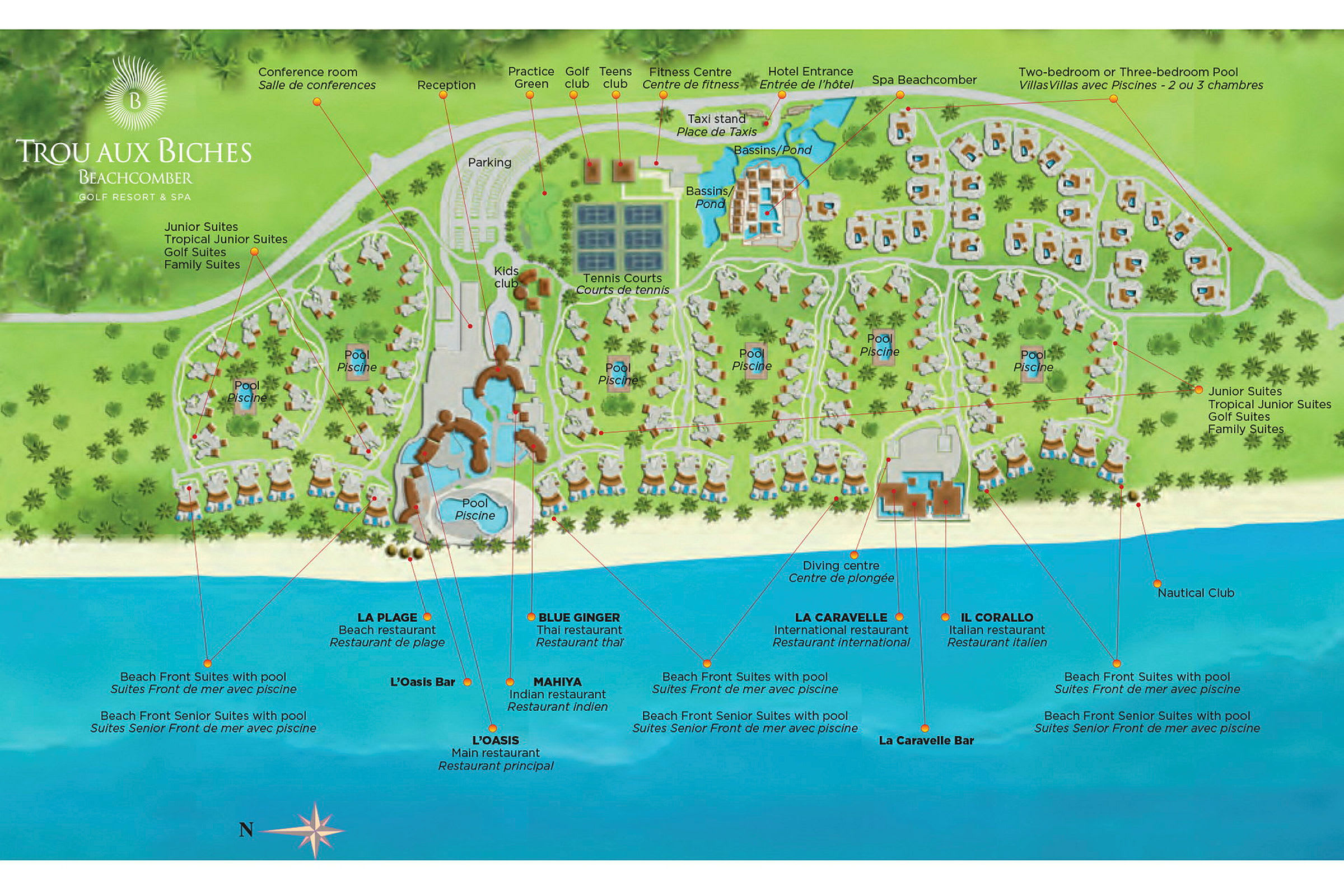 Kartan visar layouten för Trou Aux Biches Beachcomber resort med olika boenden, pooler, och restauranger nära stranden. (AI-genererad text)