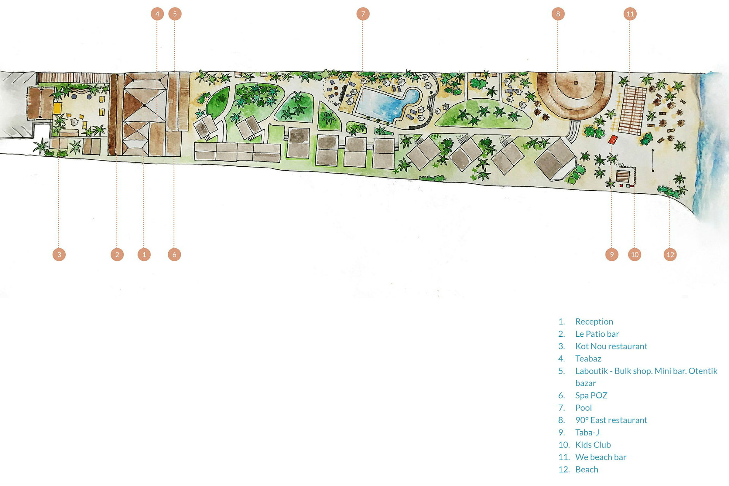 Illustrerad karta över ett hotellområde, visar olika faciliteter som reception, restaurang, pool och strand. (AI-genererad text)
