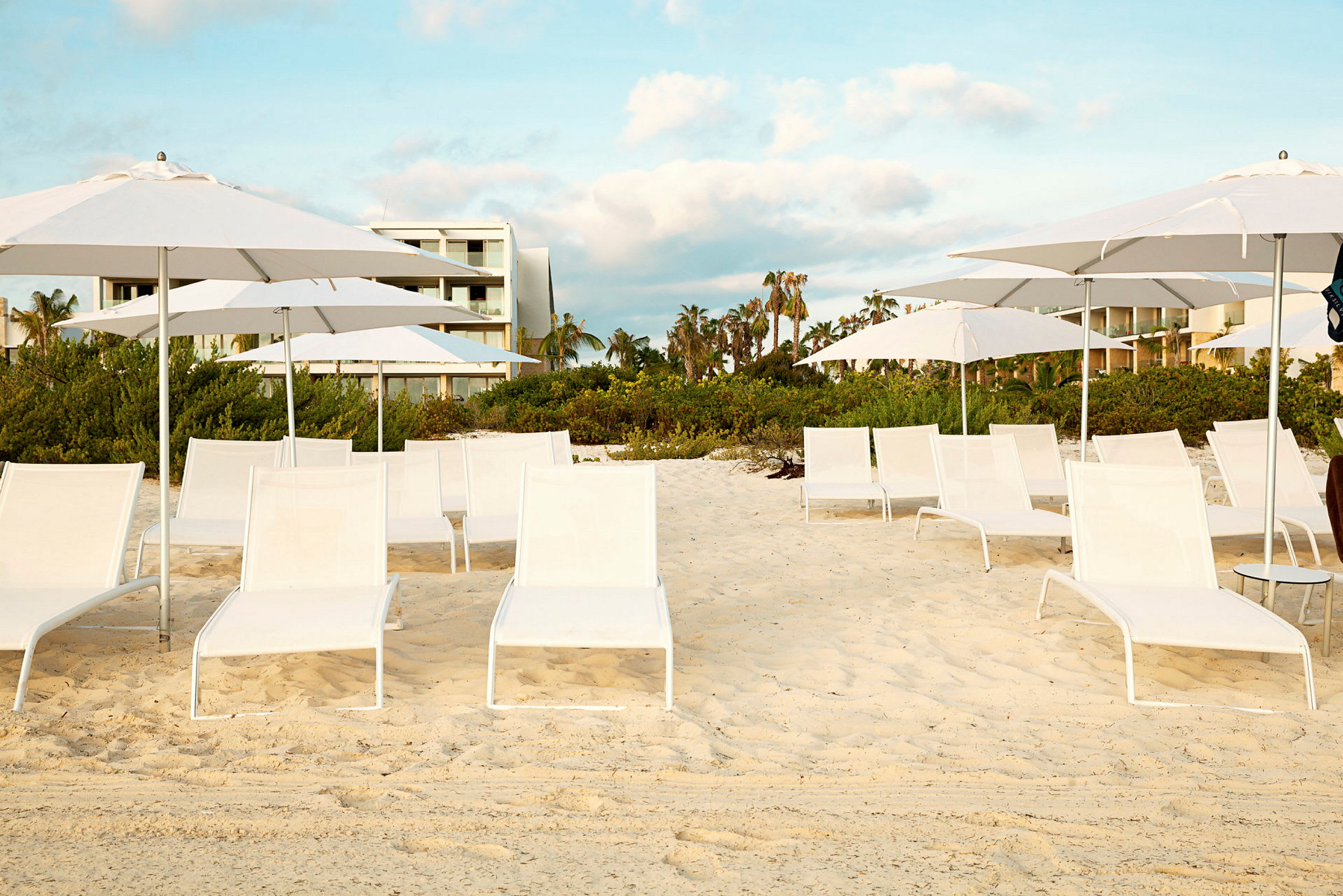 Solstolar med parasoller på en sandig strand framför grönska och byggnader. (AI-genererad text)