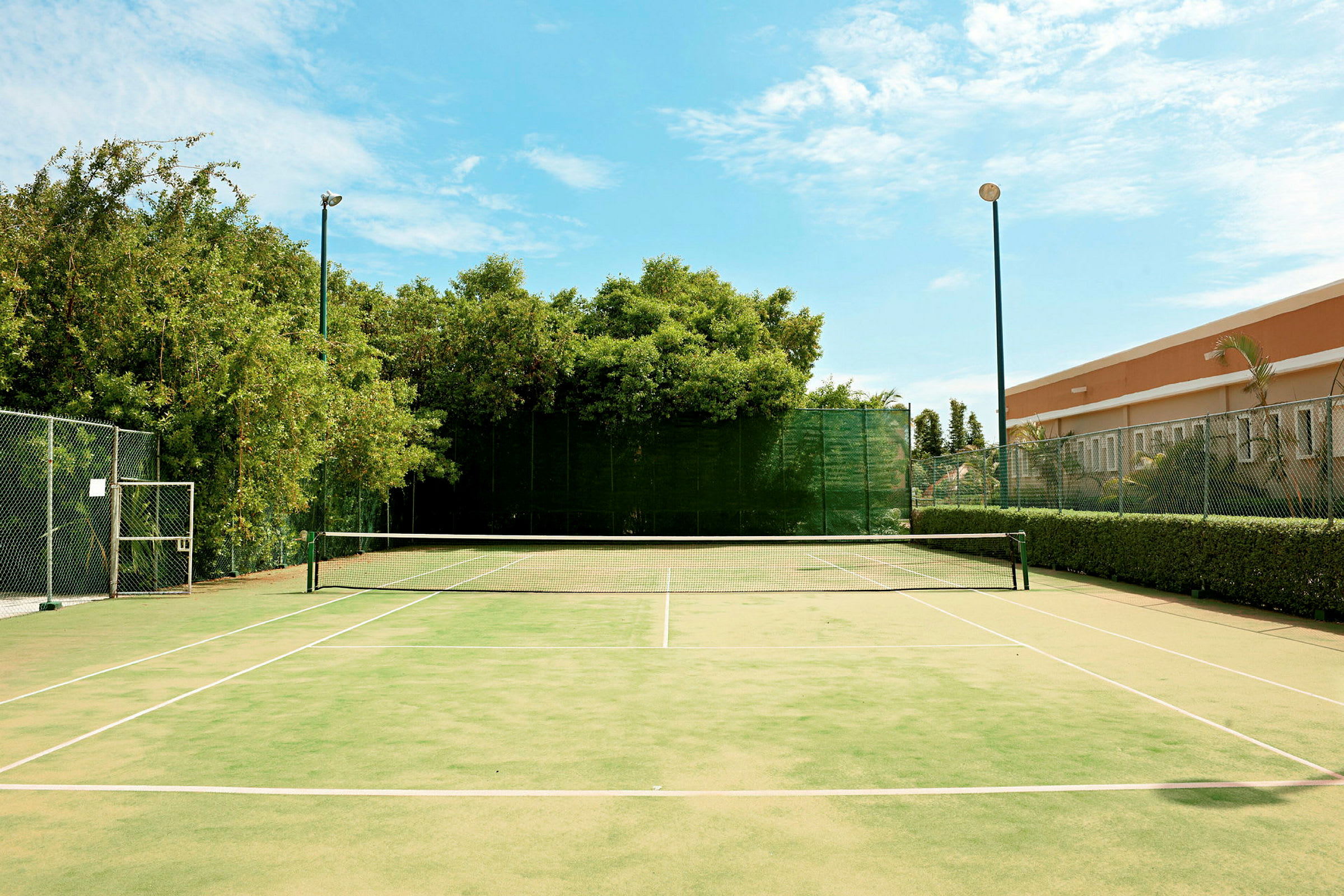 En tennisbana med grönt underlag och vita linjer, omgiven av träd och en byggnad i bakgrunden. Ett stängsel omger banan. (AI-genererad text)